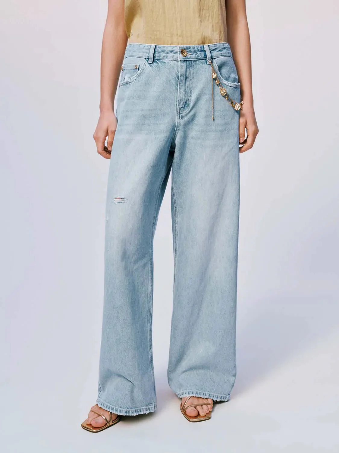 Raw-Detail Denim Wide-Leg Embellished Jeans