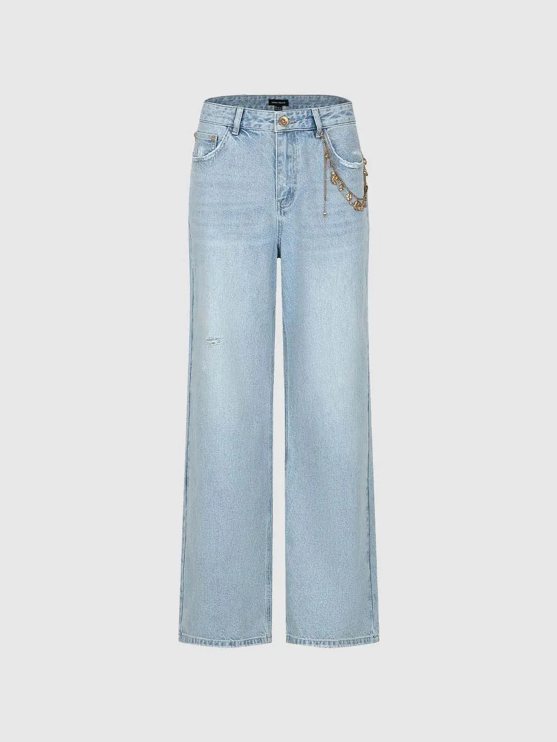 Raw-Detail Denim Wide-Leg Embellished Jeans