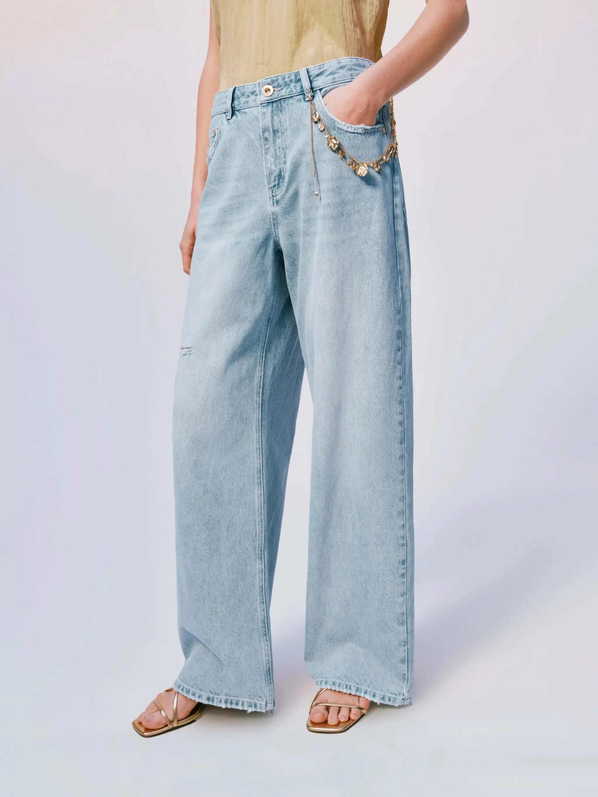 Raw-Detail Denim Wide-Leg Embellished Jeans