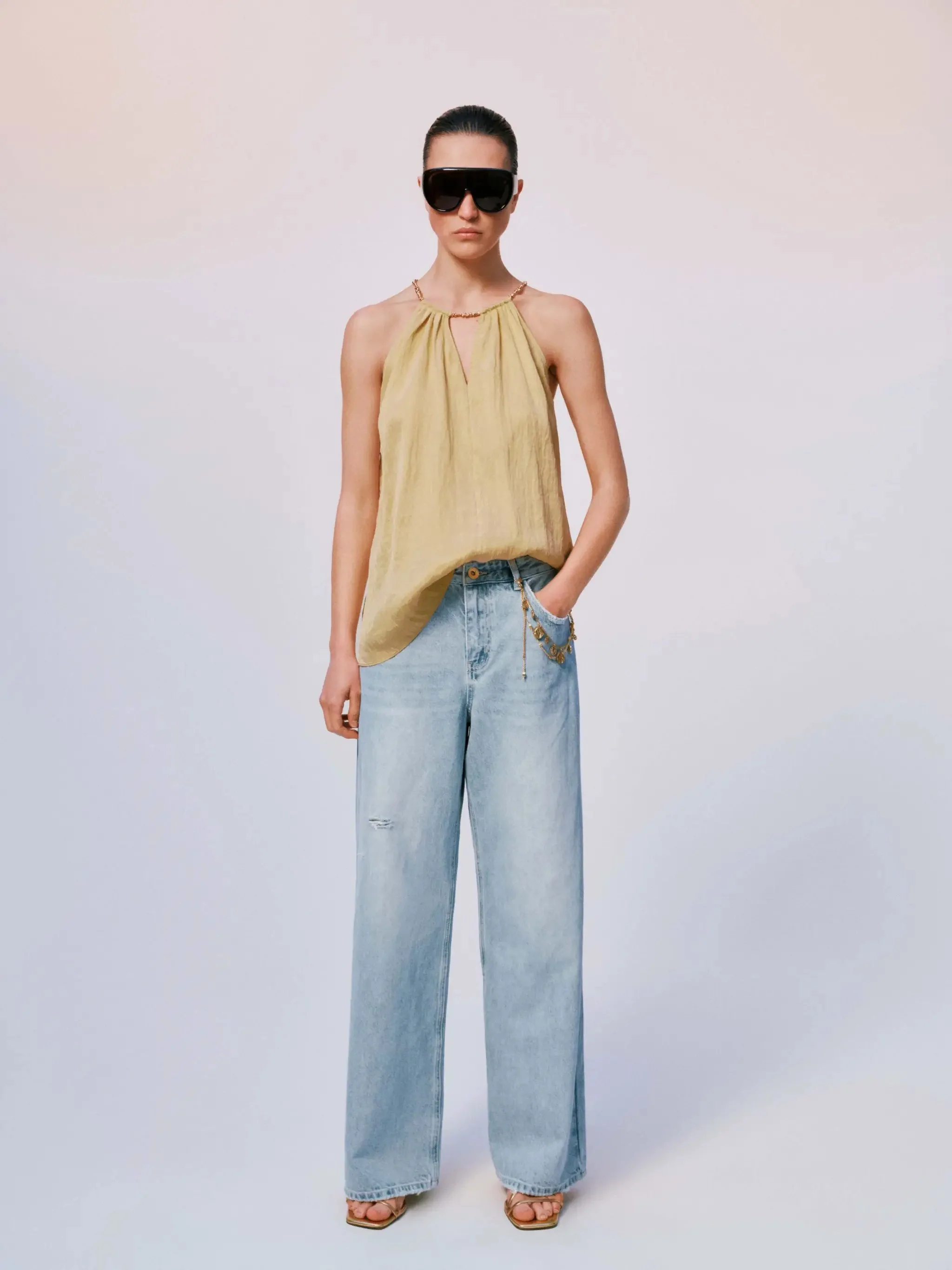 Raw-Detail Denim Wide-Leg Embellished Jeans