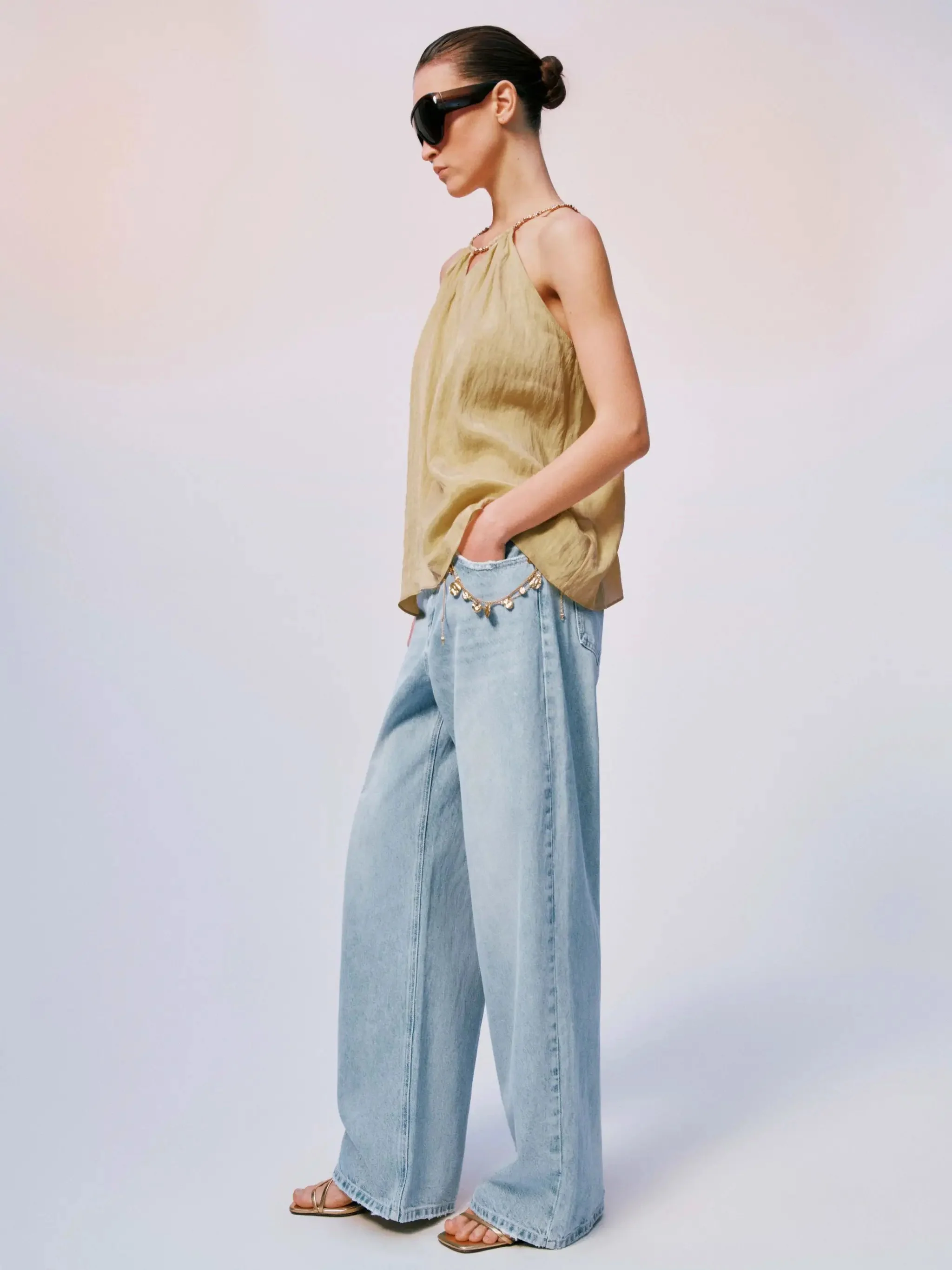 Raw-Detail Denim Wide-Leg Embellished Jeans