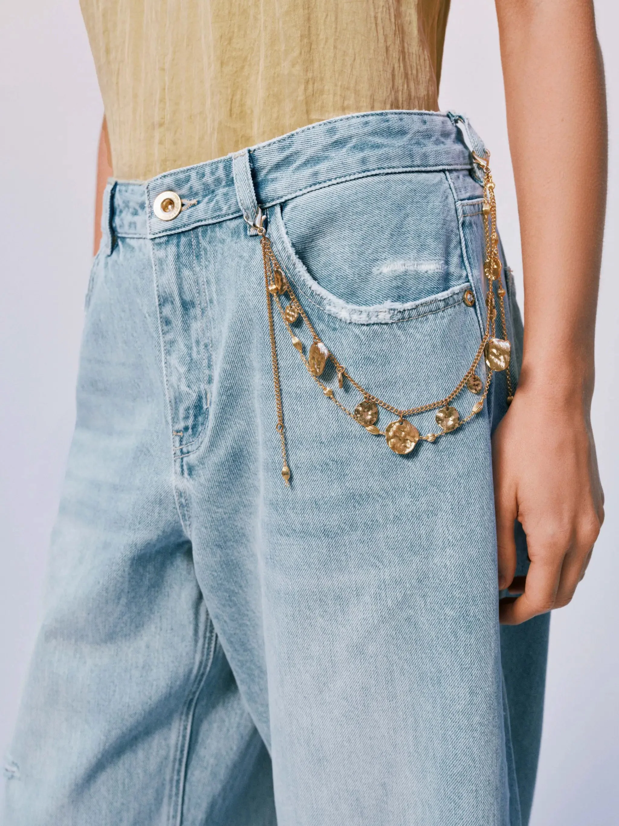 Raw-Detail Denim Wide-Leg Embellished Jeans