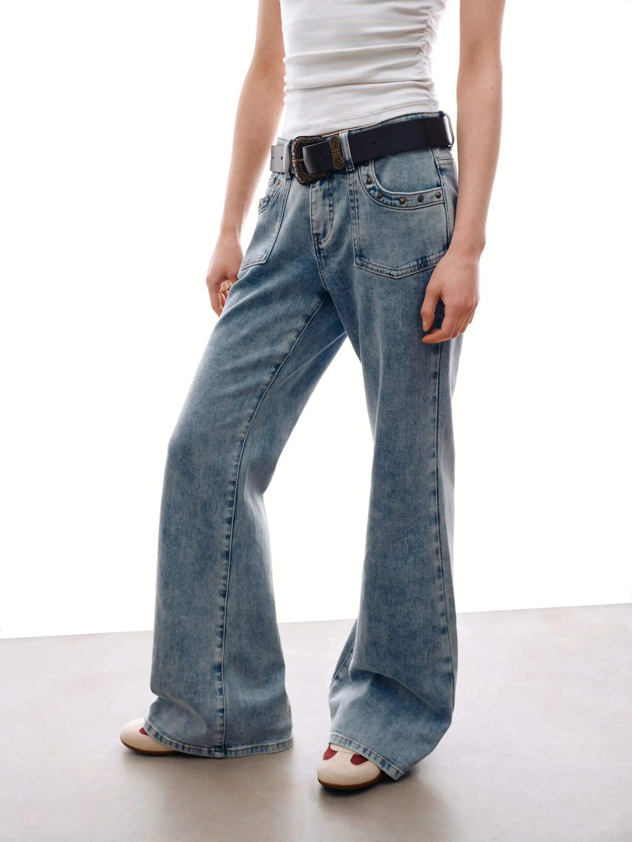 Classic Stretch Denim Belted Flare Jeans
