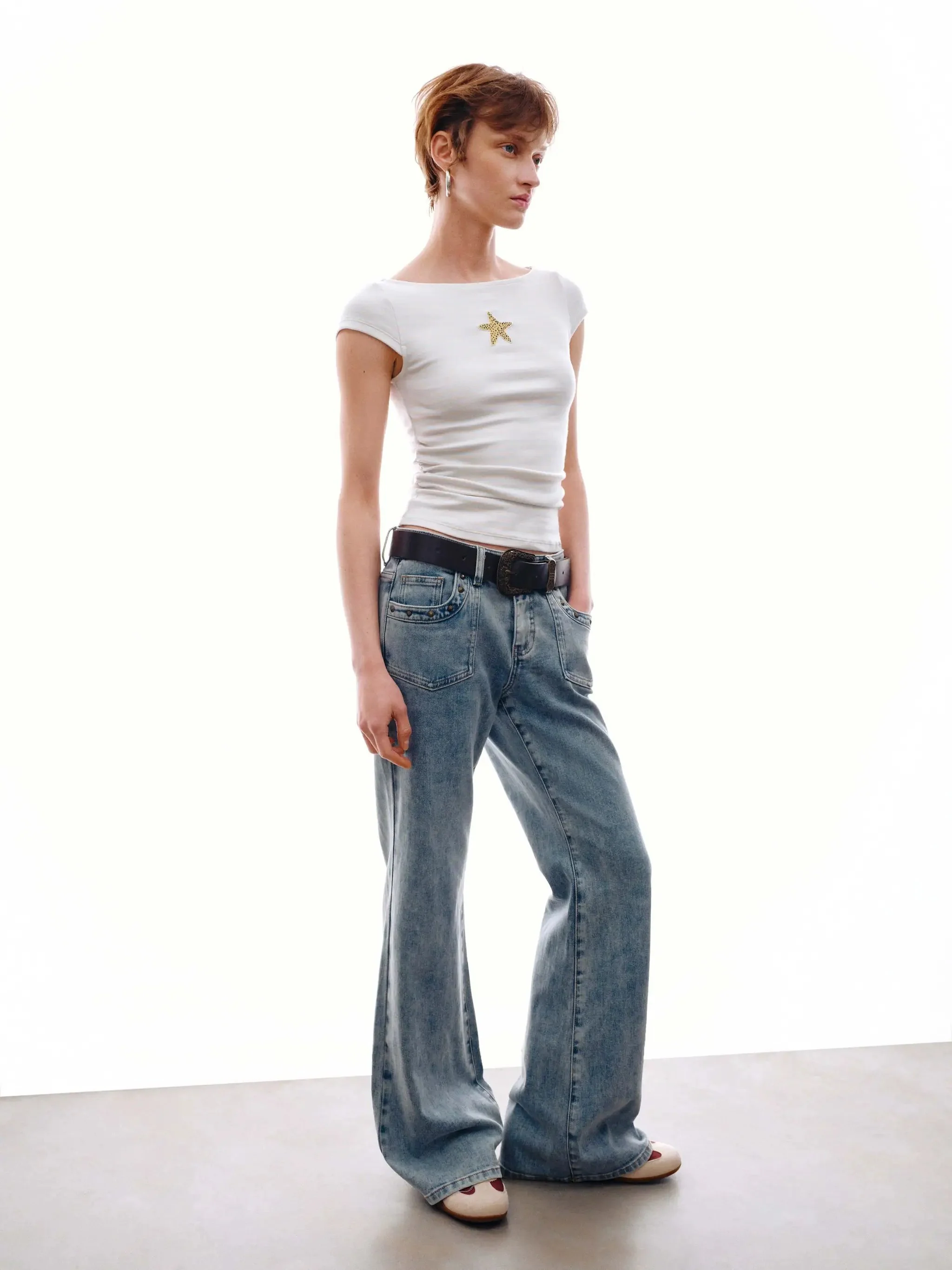 Classic Stretch Denim Belted Flare Jeans