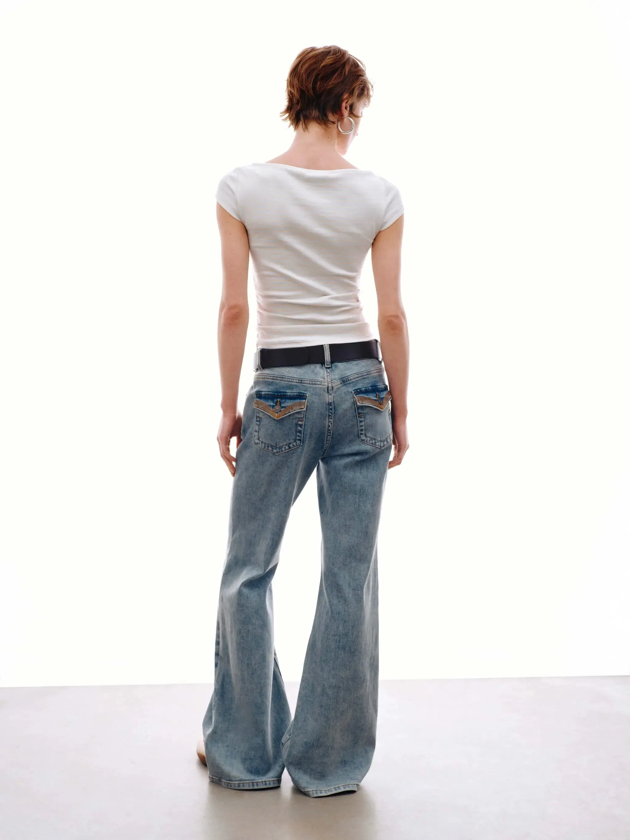 Classic Stretch Denim Belted Flare Jeans