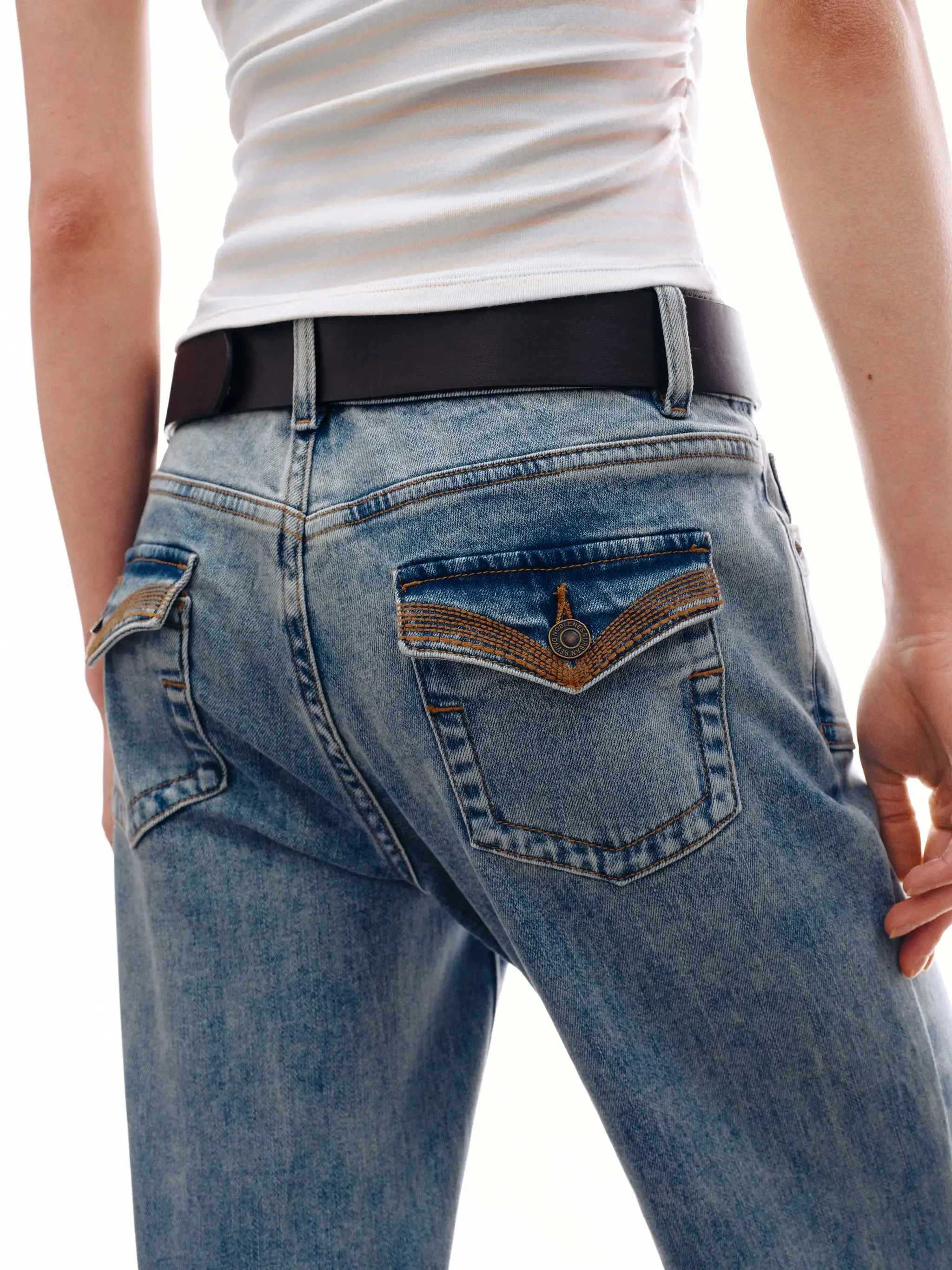Classic Stretch Denim Belted Flare Jeans