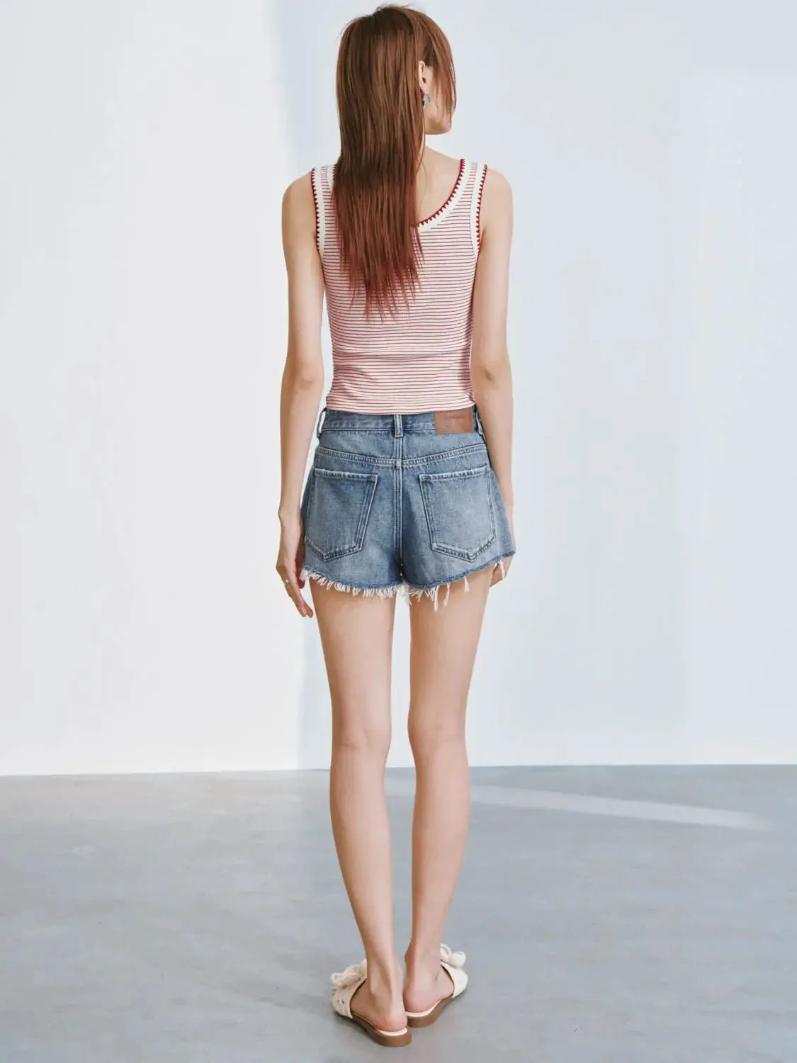 Soft Wash Frayed Raw Hem Light Denim Shorts