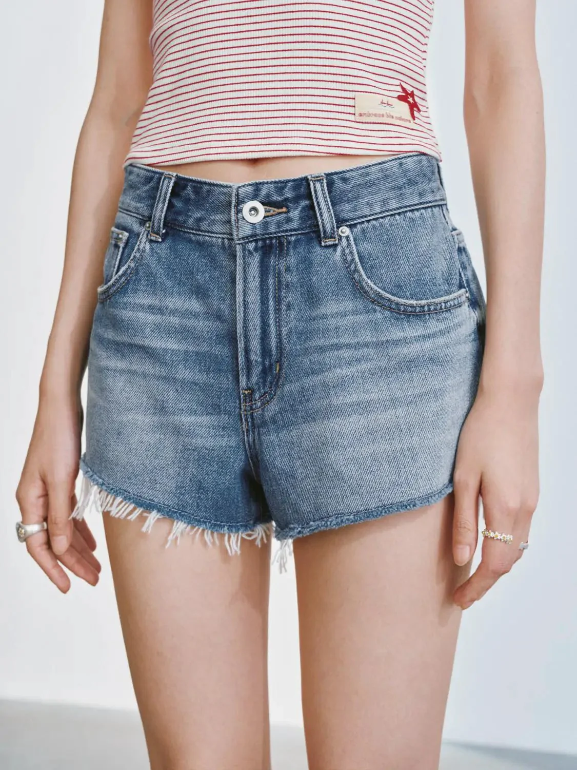 Soft Wash Frayed Raw Hem Light Denim Shorts