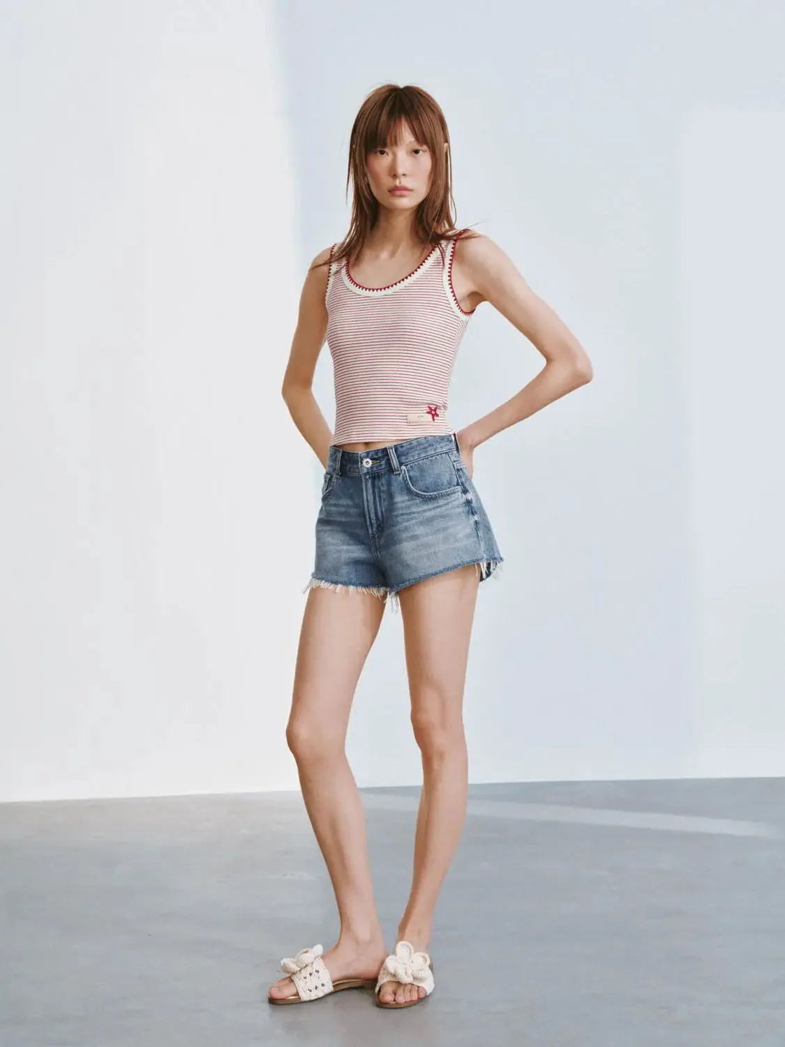 Soft Wash Frayed Raw Hem Light Denim Shorts