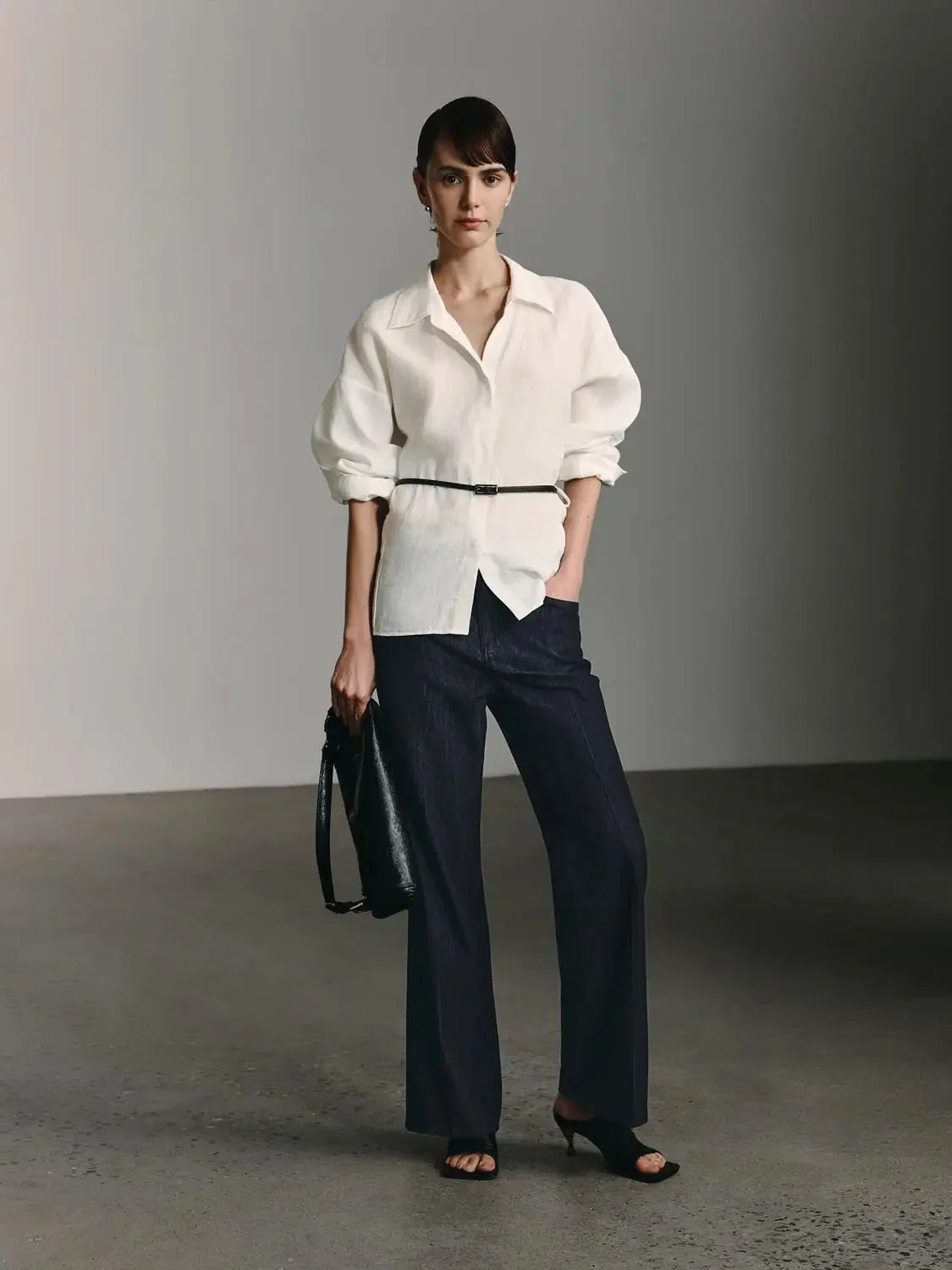 Cotton Blend Stretch Denim Wide Leg Jeans