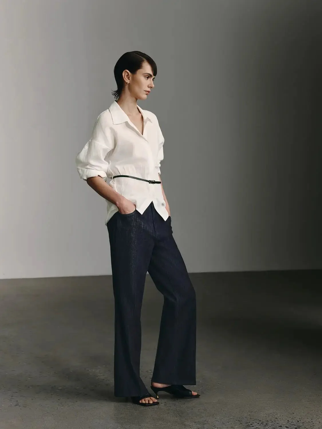 Cotton Blend Stretch Denim Wide Leg Jeans