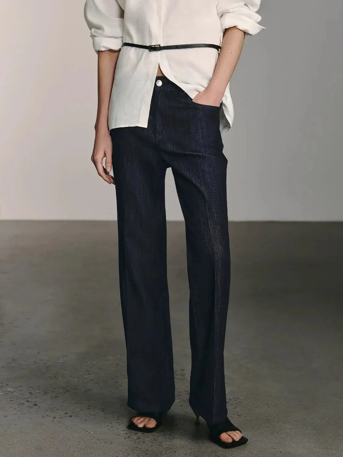 Cotton Blend Stretch Denim Wide Leg Jeans