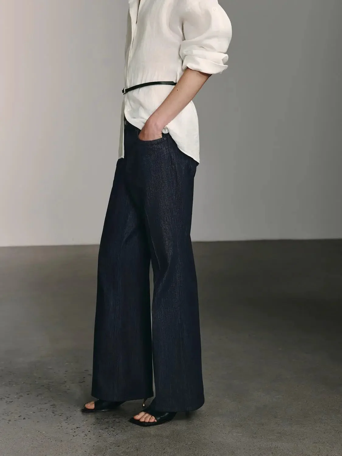 Cotton Blend Stretch Denim Wide Leg Jeans
