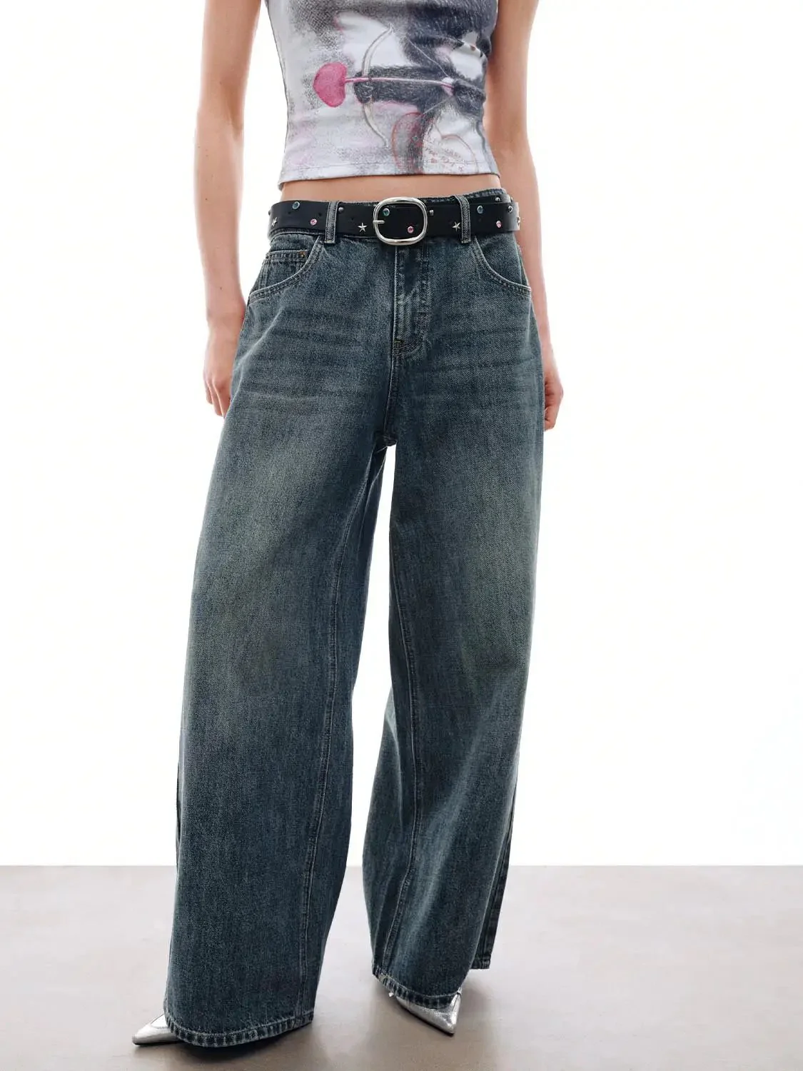 Wide Leg Belted Design Jeans