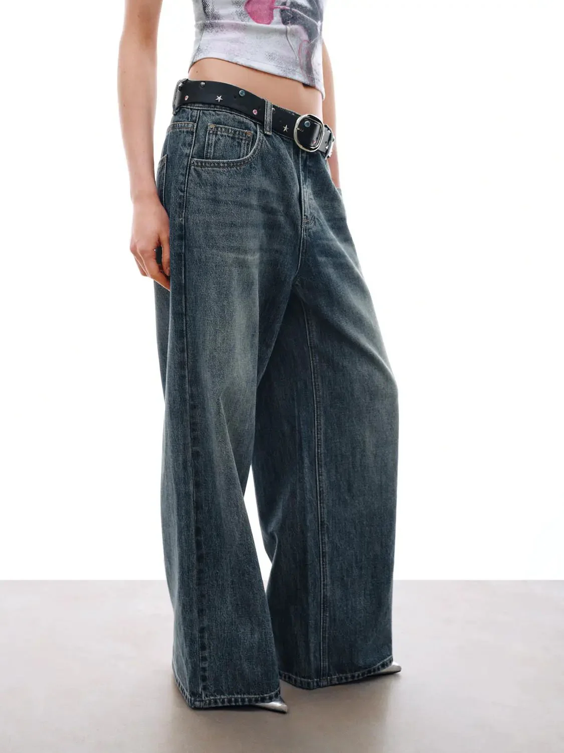 Wide Leg Belted Design Jeans