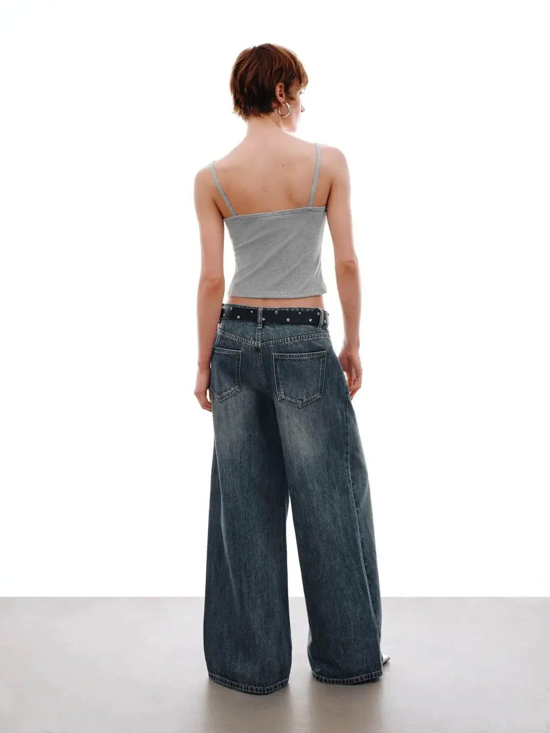 Wide Leg Belted Design Jeans