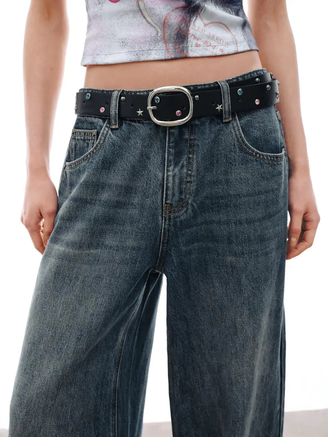 Wide Leg Belted Design Jeans