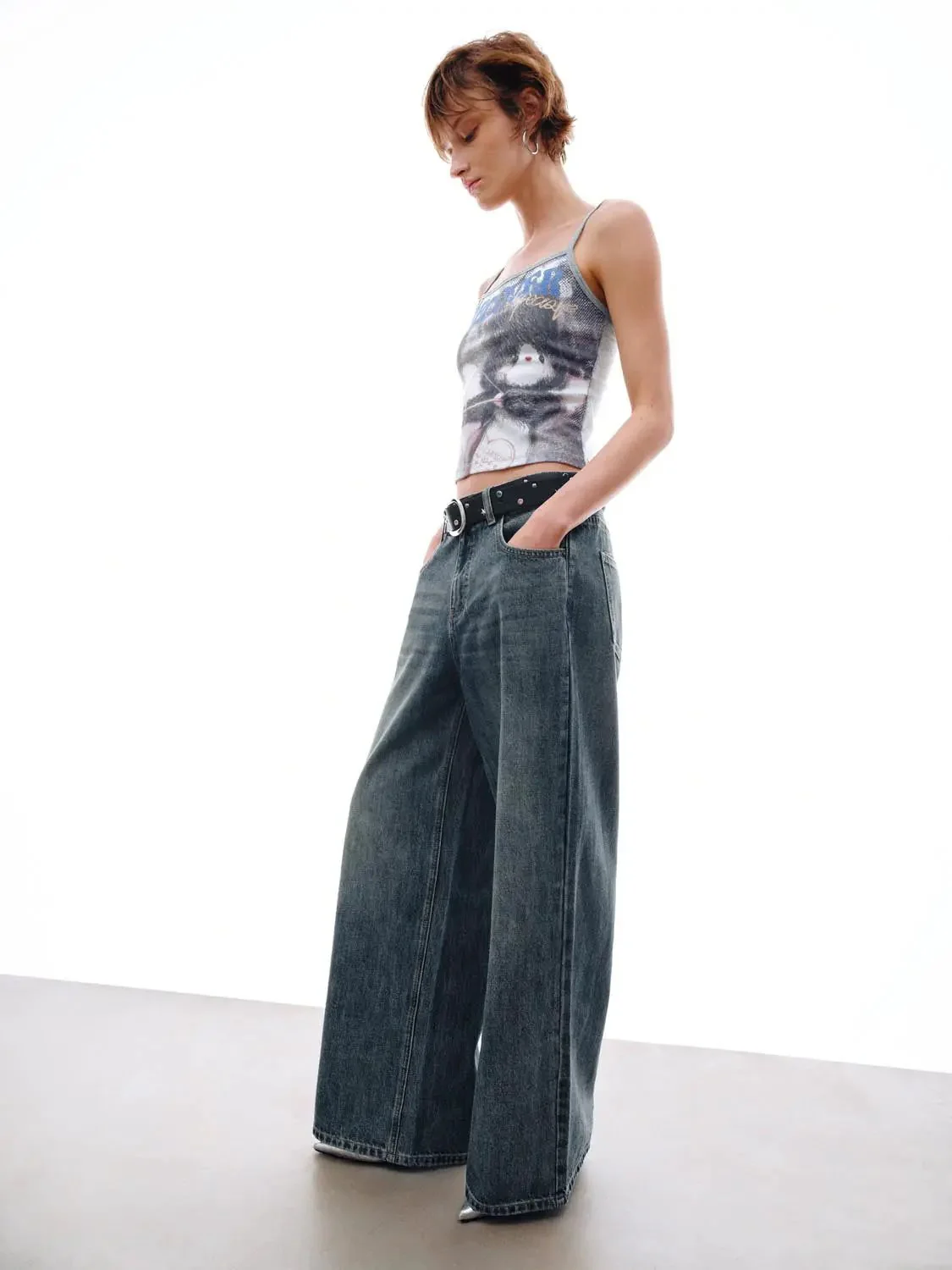 Wide Leg Belted Design Jeans