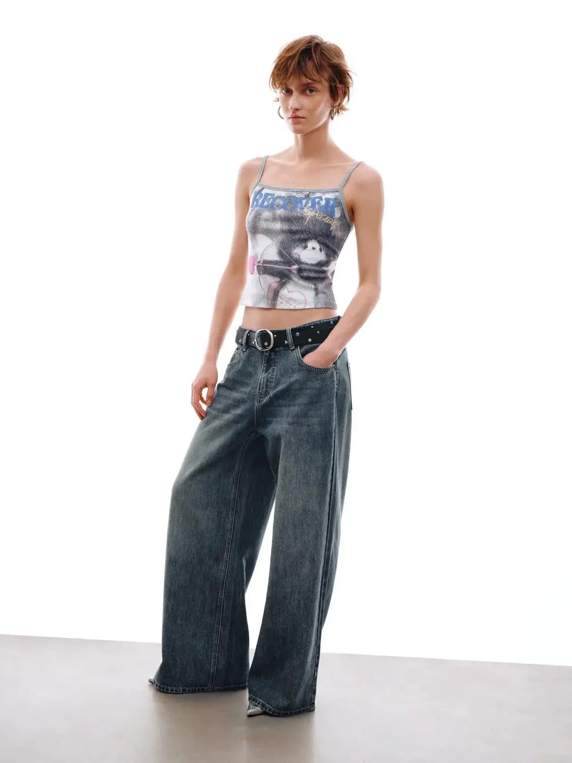 Wide Leg Belted Design Jeans