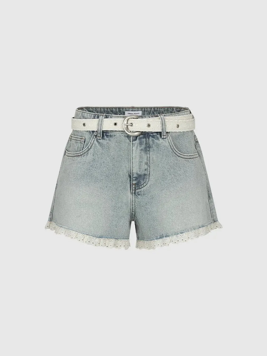 Belted Lace Hem Denim Shorts