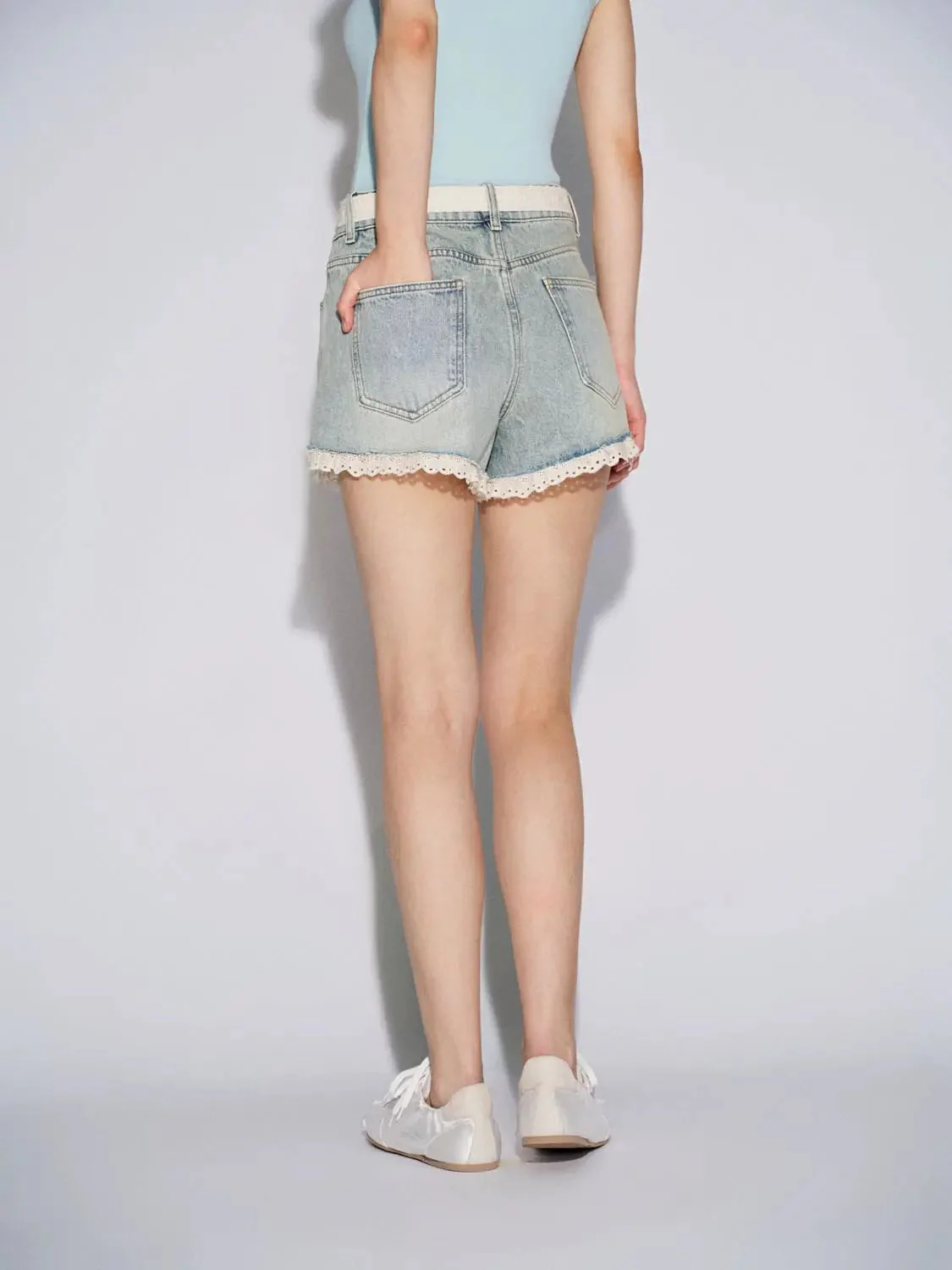 Belted Lace Hem Denim Shorts