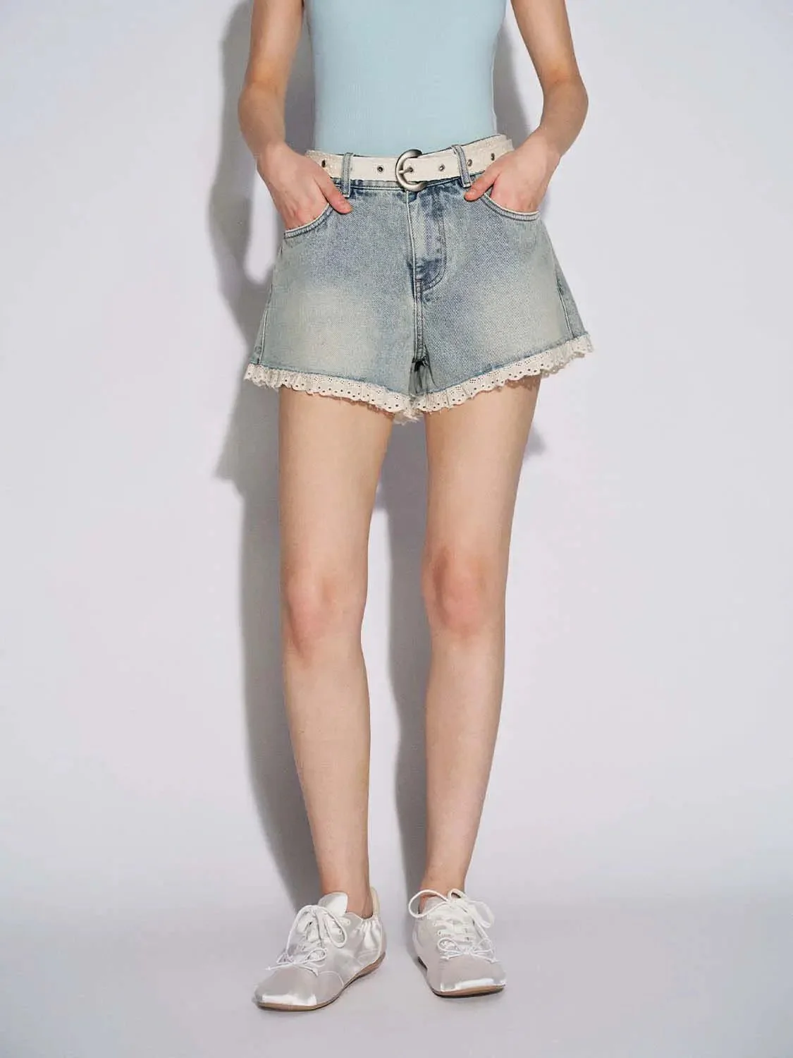 Belted Lace Hem Denim Shorts