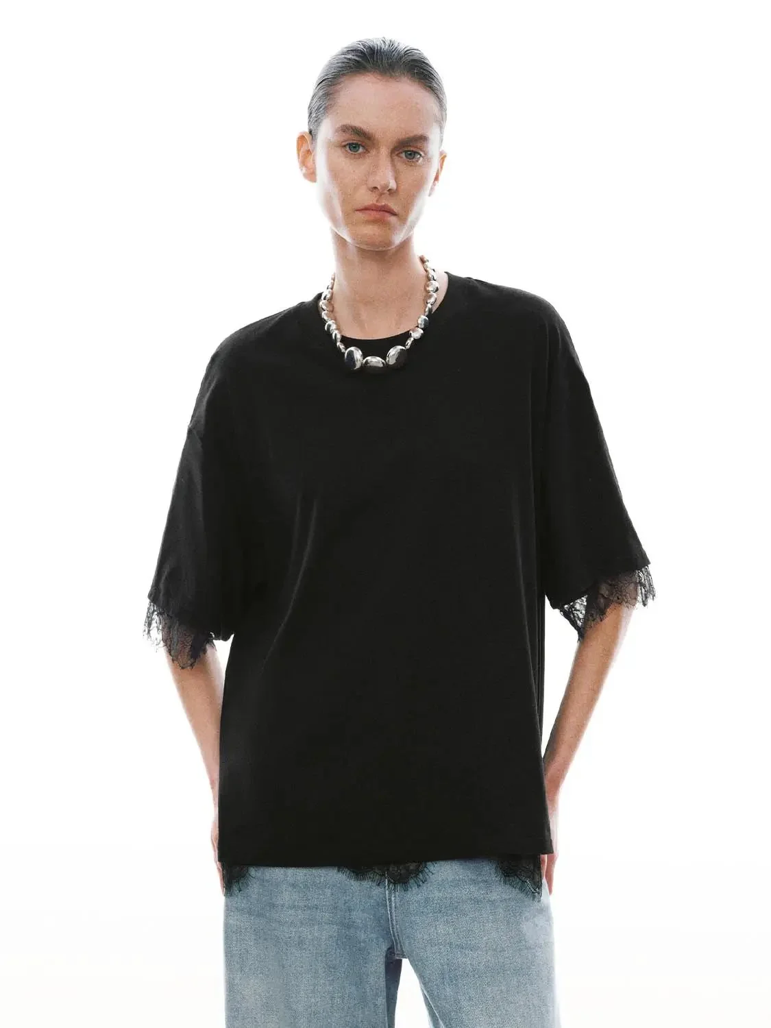 Lace Trim Soft Cotton Relaxed Crew Neck T Shirt