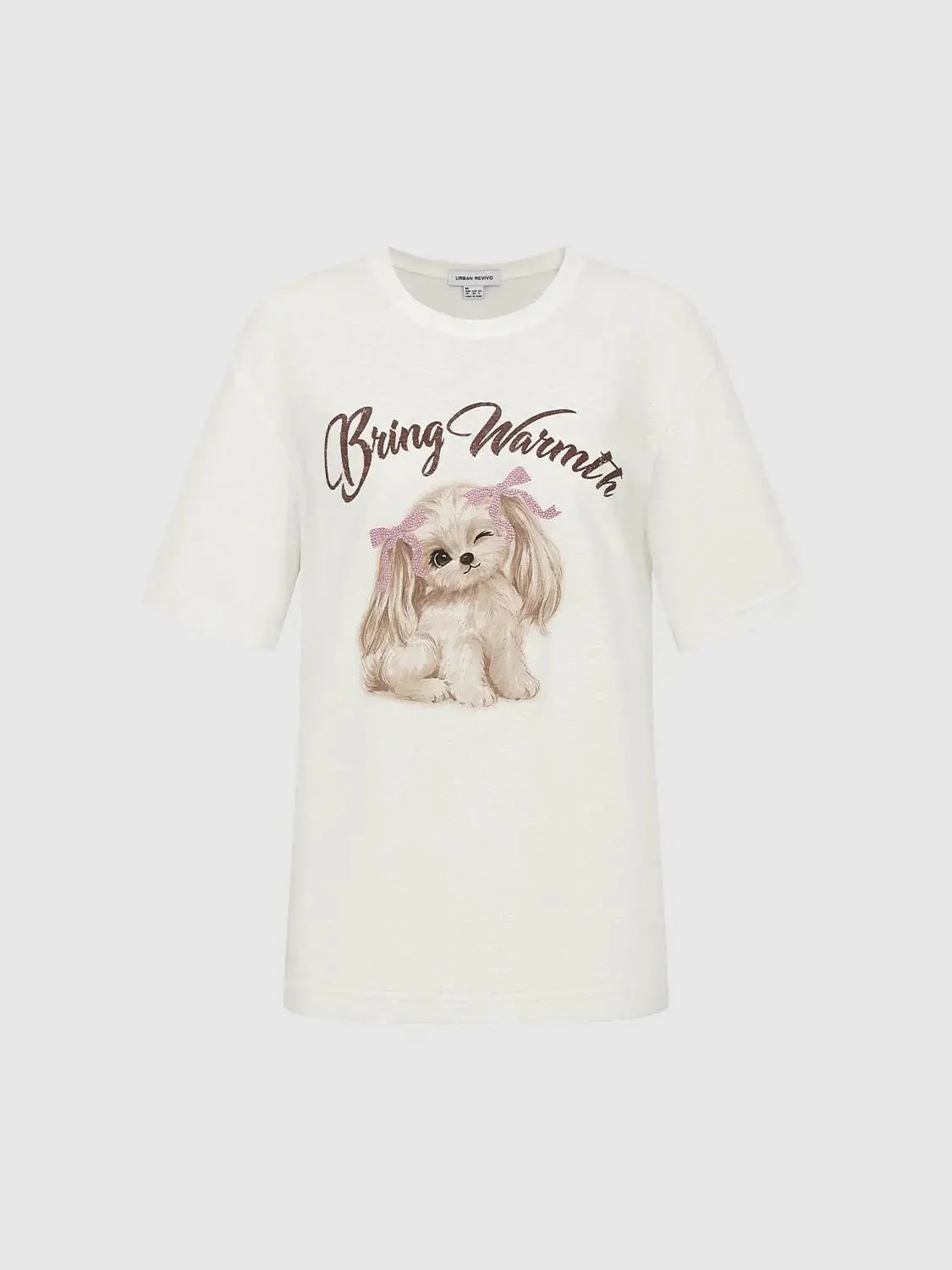 Soft Cotton Blend Dog Illustration Crew Neck T-Shirts