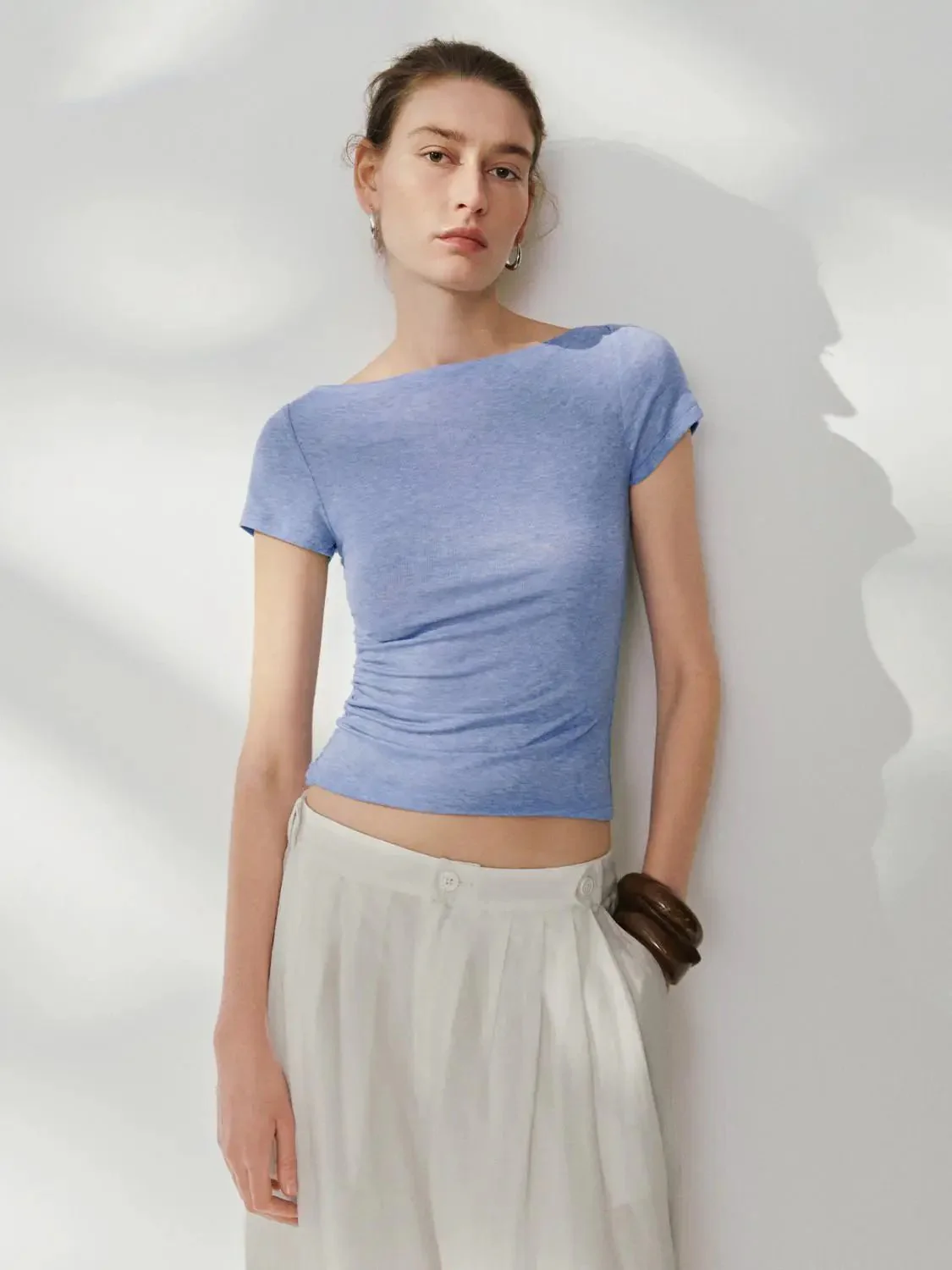 5598-lyocell-wool-blend-ruched-short-sleeve-t-shirts-1.webp Lyocell Wool Blend Ruched Short Sleeve T Shirts