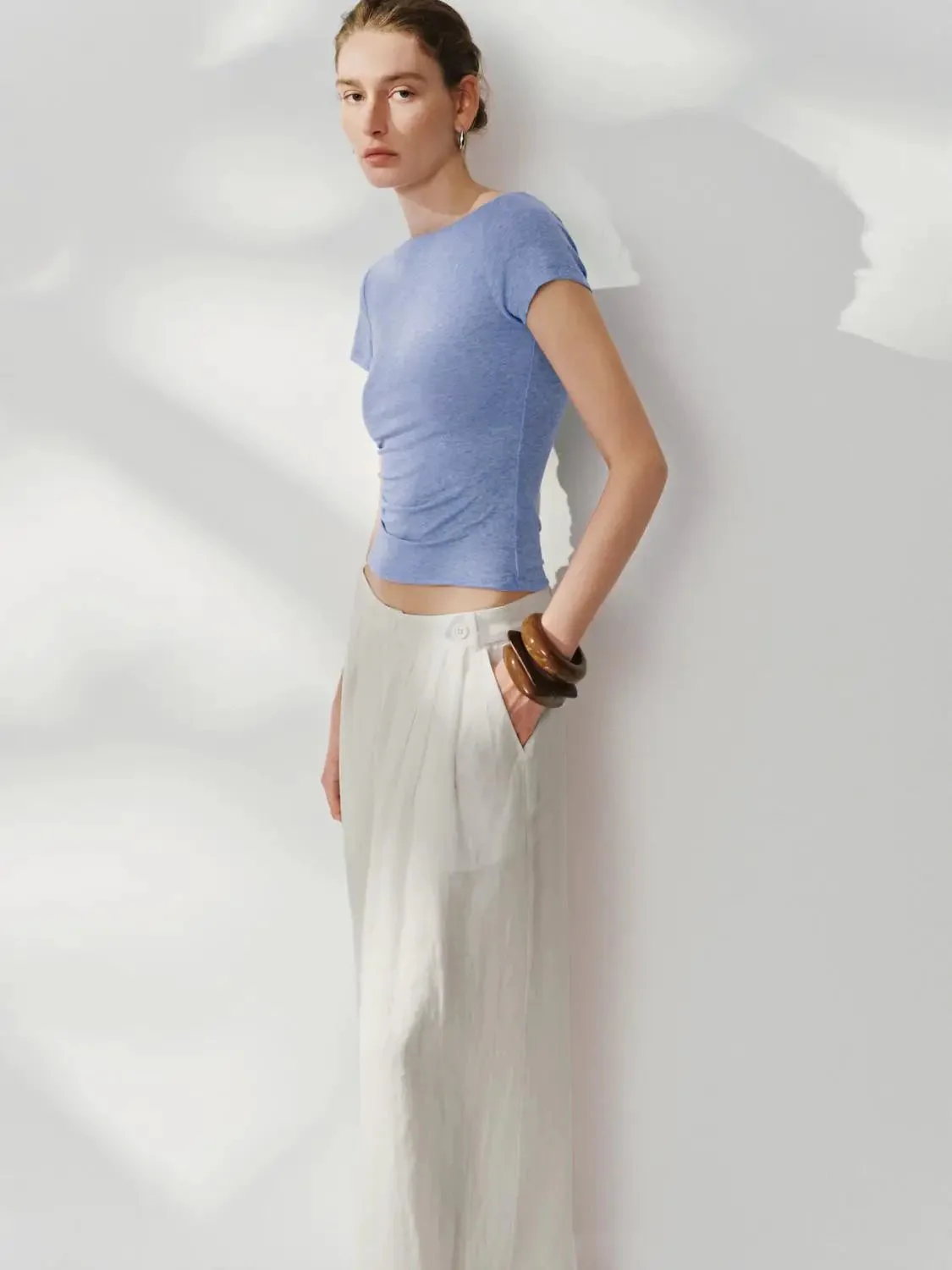 5598-lyocell-wool-blend-ruched-short-sleeve-t-shirts-2.webp Lyocell Wool Blend Ruched Short Sleeve T Shirts