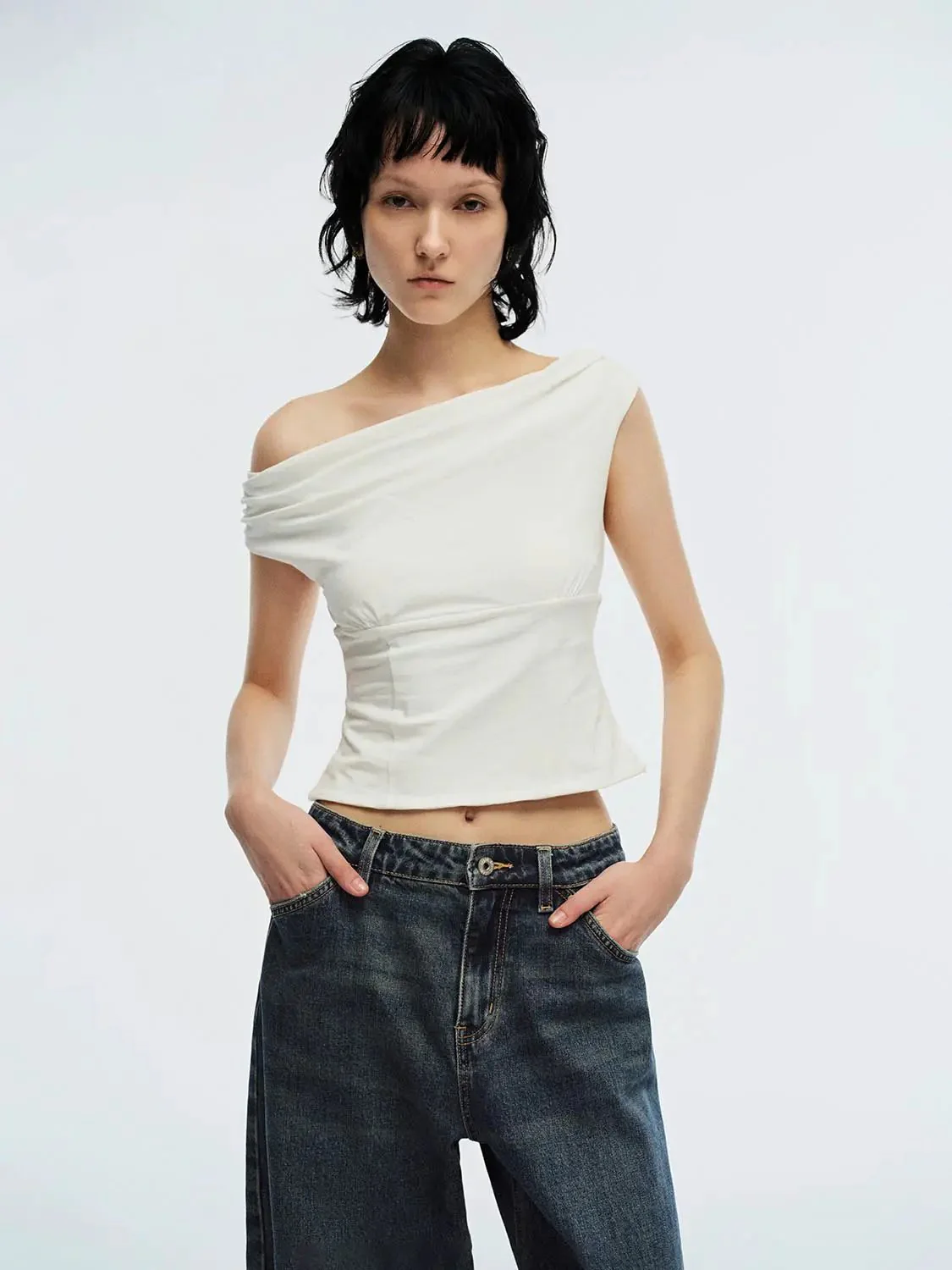 5812-cotton-elastane-draped-one-shoulder-silky-t-shirts-9.webp Cotton Elastane Draped One-Shoulder Silky T-Shirts
