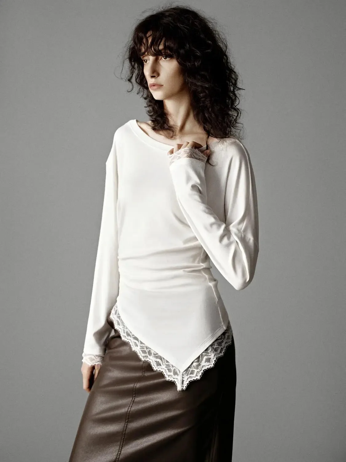 591-lace-trim-ruched-long-sleeve-silky-draped-top-2.webp Lace Trim Ruched Long Sleeve Silky Draped Top