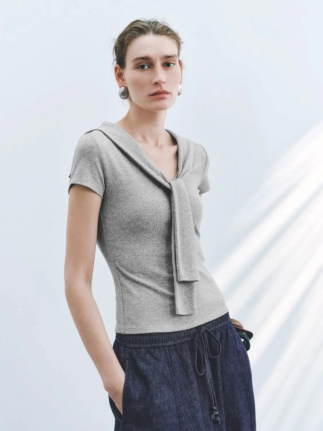 Viscose Cotton Blend Tie Neck Knit T Shirt