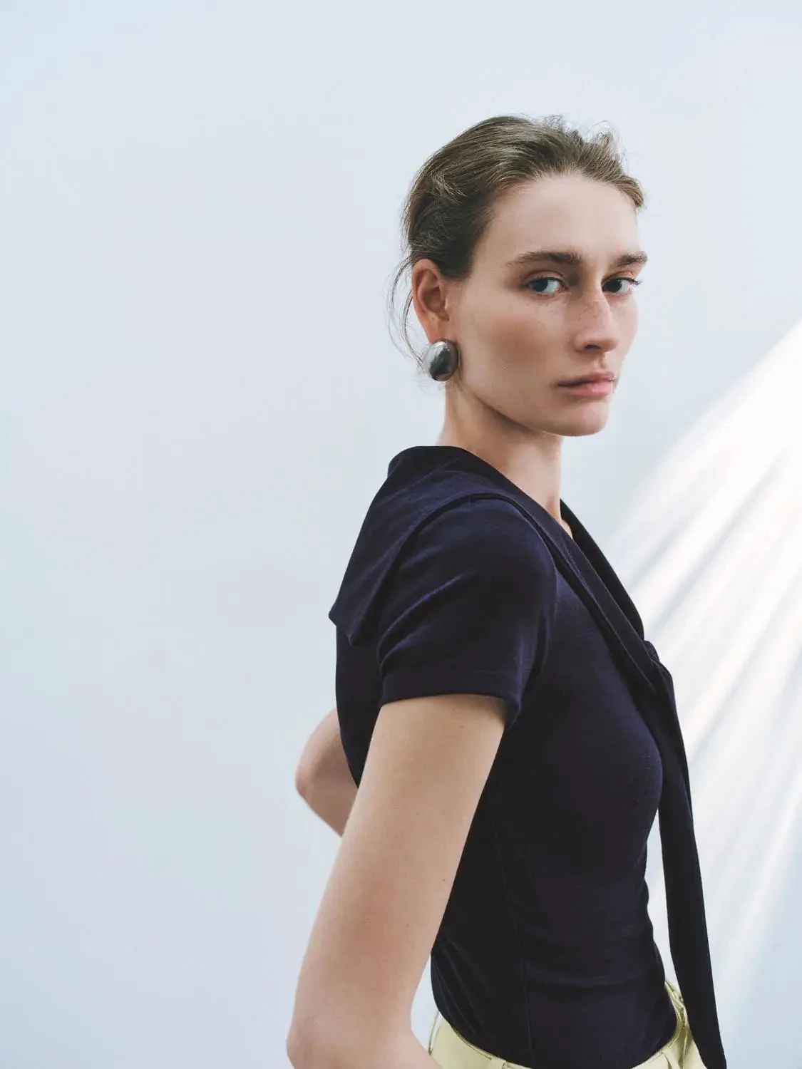 Viscose Cotton Blend Tie Neck Knit T Shirt