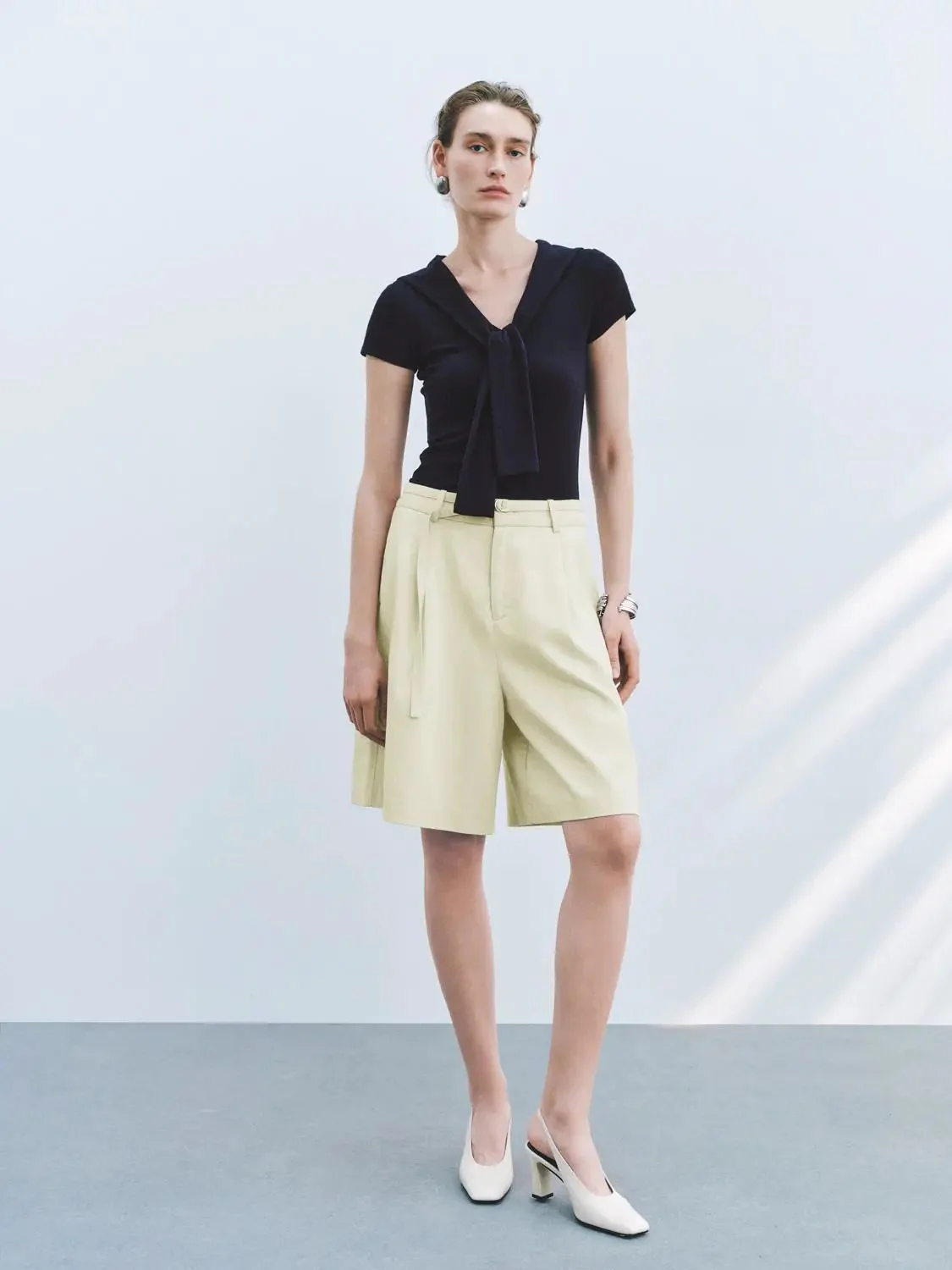 Viscose Cotton Blend Tie Neck Knit T Shirt