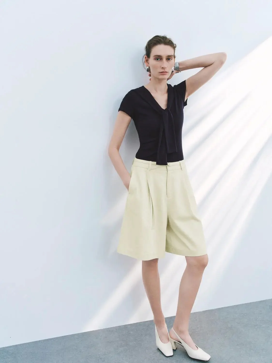 Viscose Cotton Blend Tie Neck Knit T Shirt