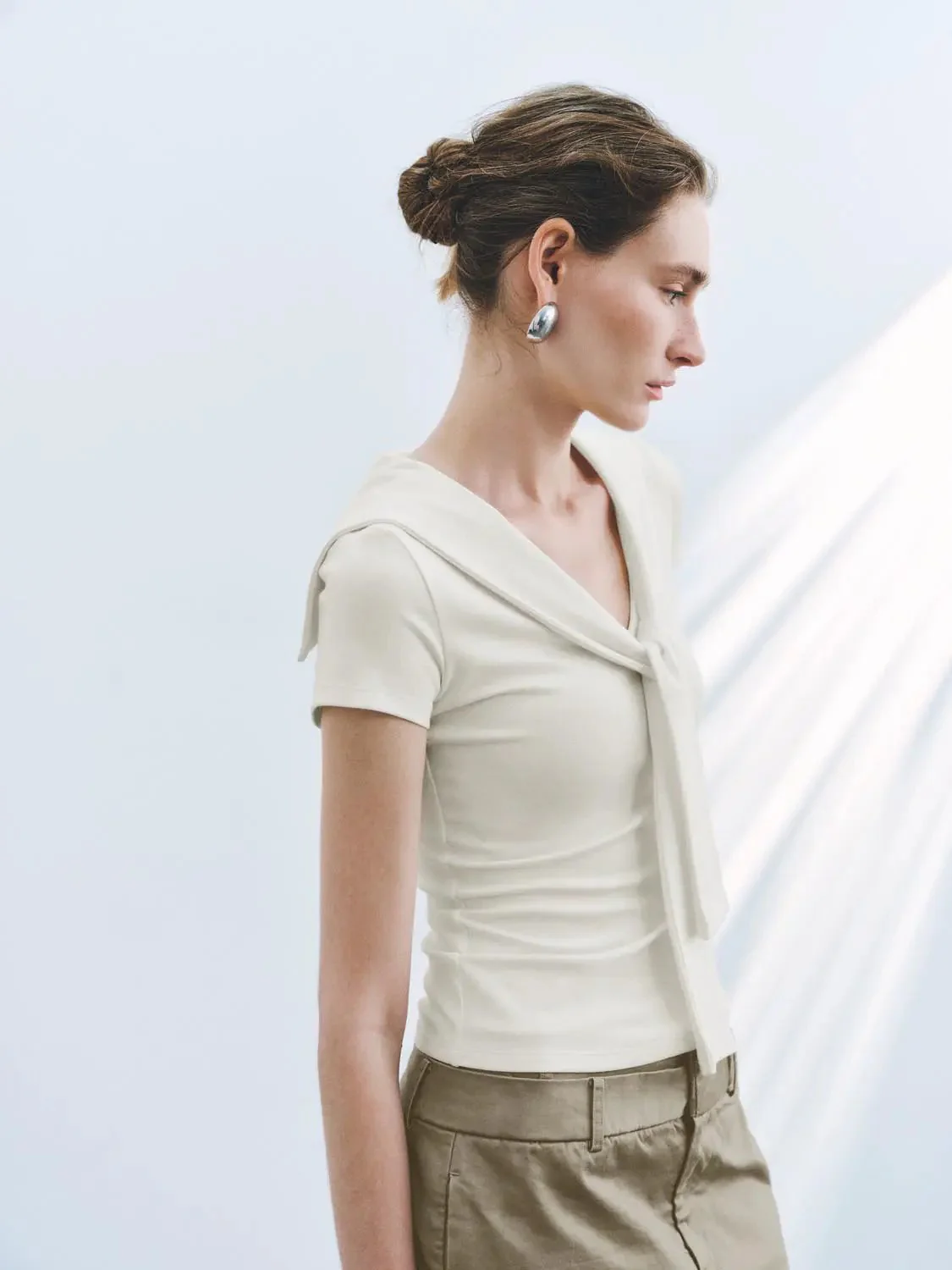 Viscose Cotton Blend Tie Neck Knit T Shirt