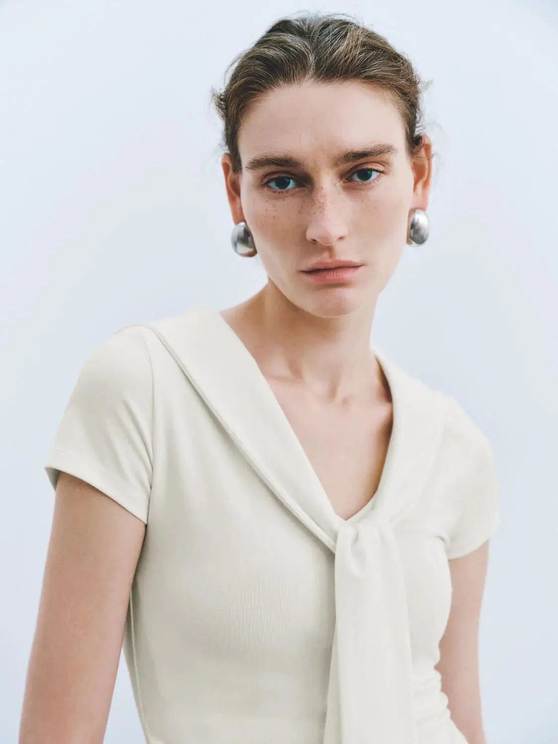 Viscose Cotton Blend Tie Neck Knit T Shirt