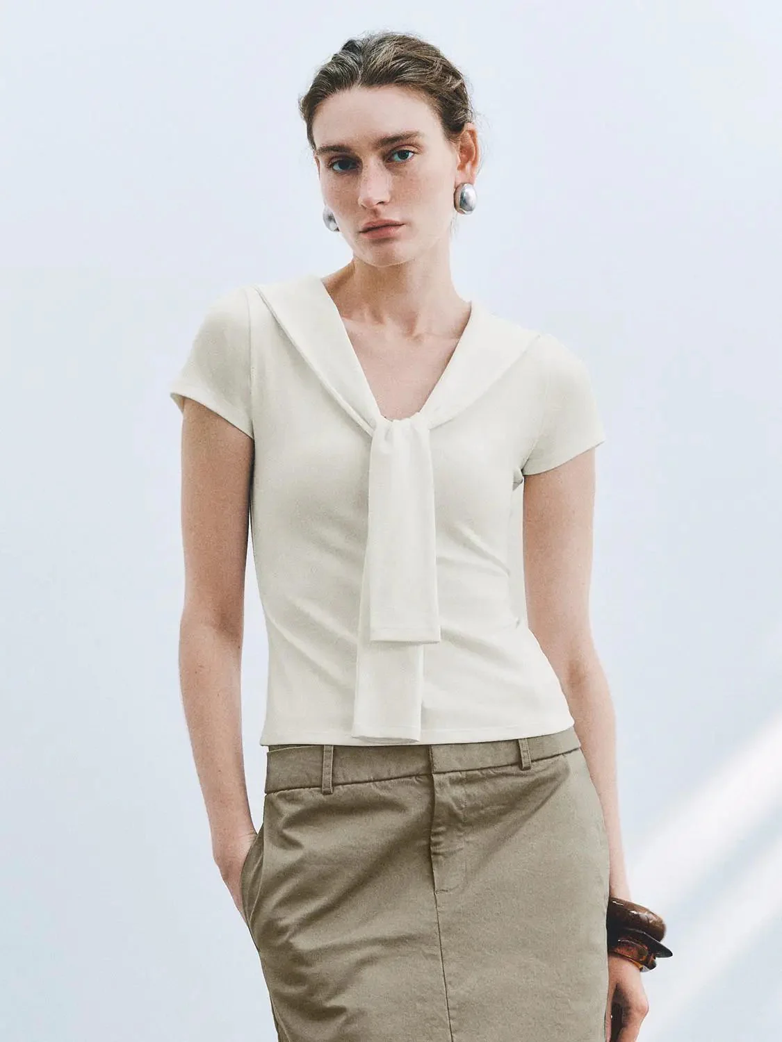 Viscose Cotton Blend Tie Neck Knit T Shirt