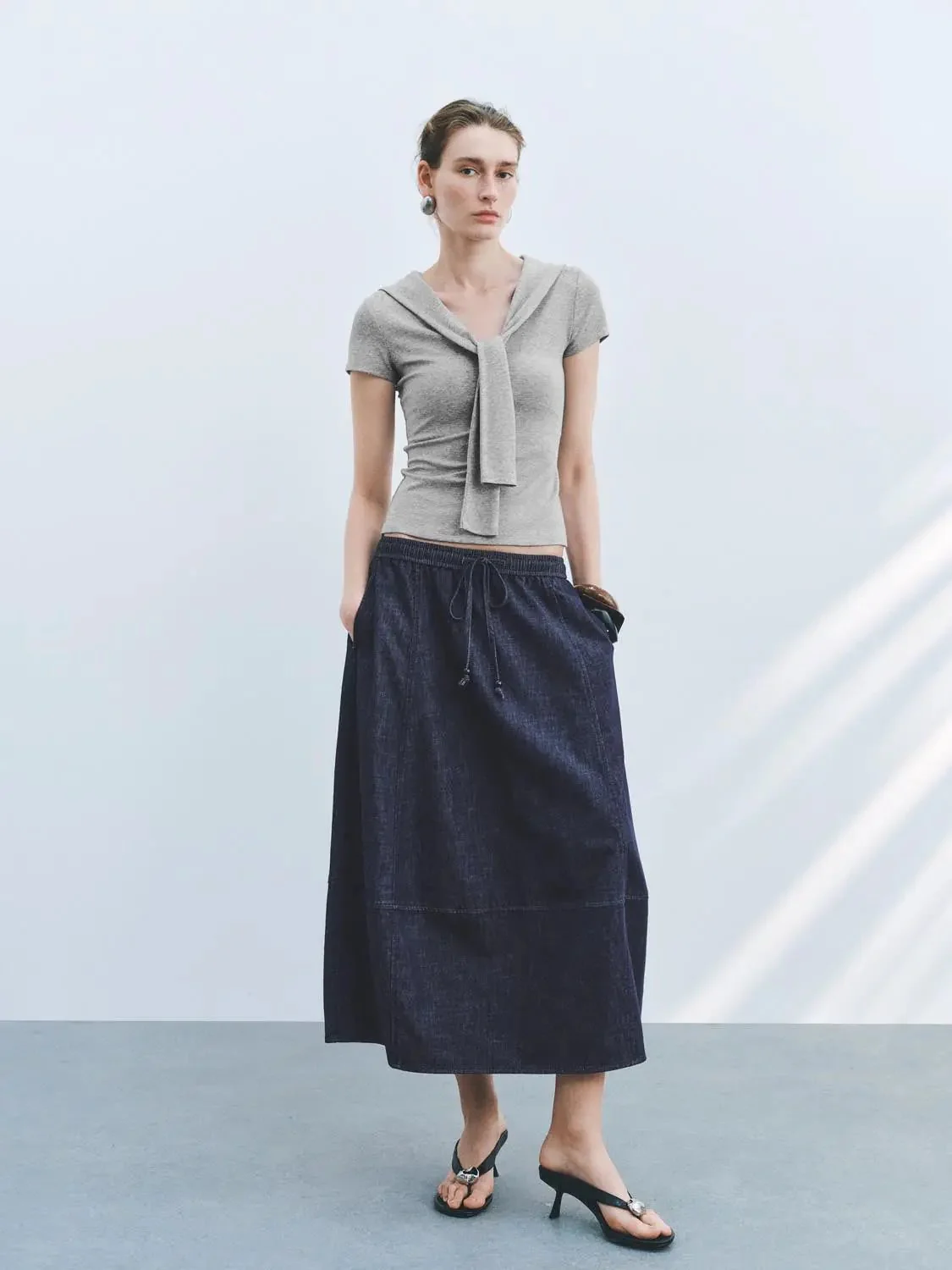 Viscose Cotton Blend Tie Neck Knit T Shirt