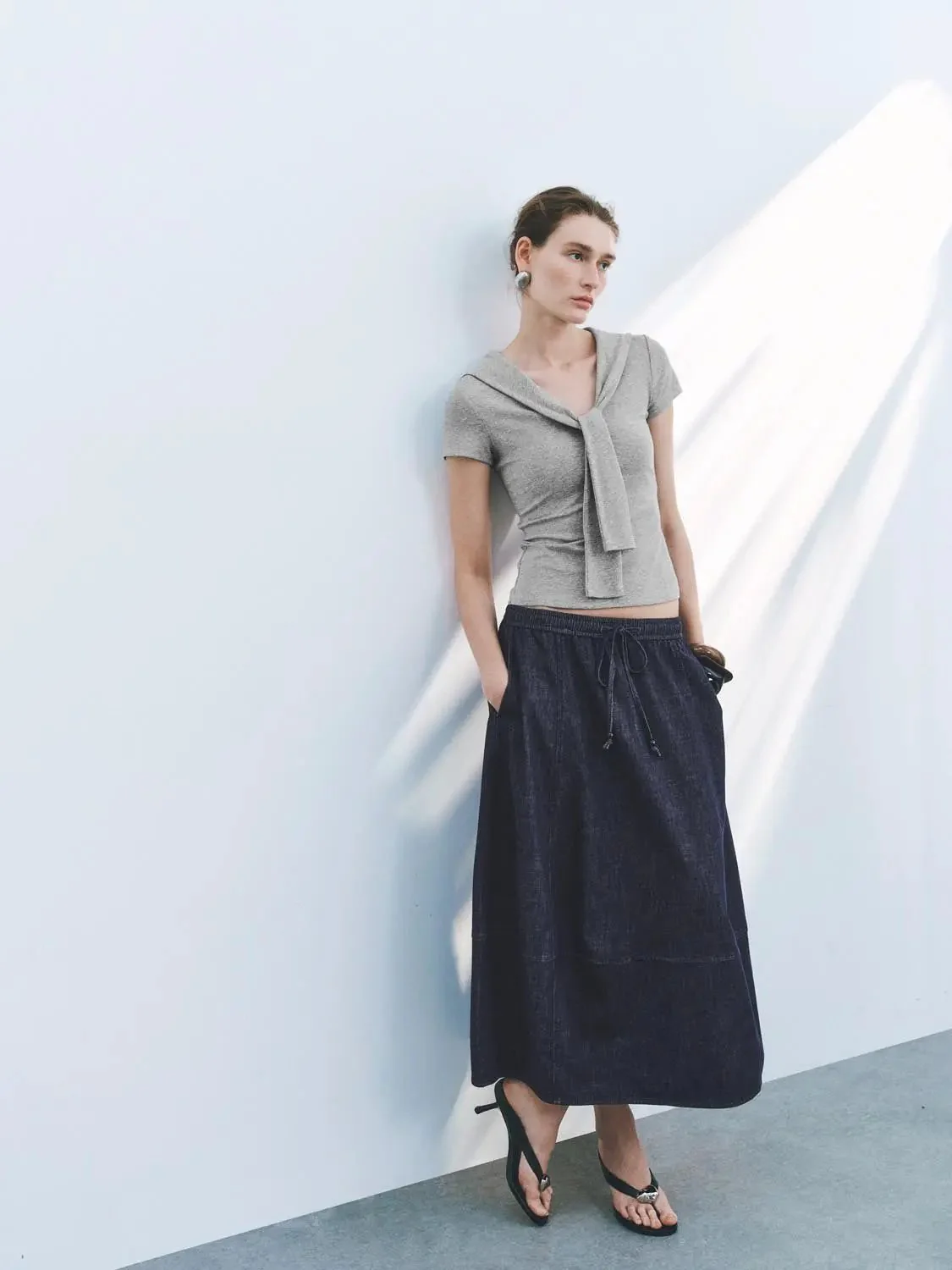 Viscose Cotton Blend Tie Neck Knit T Shirt
