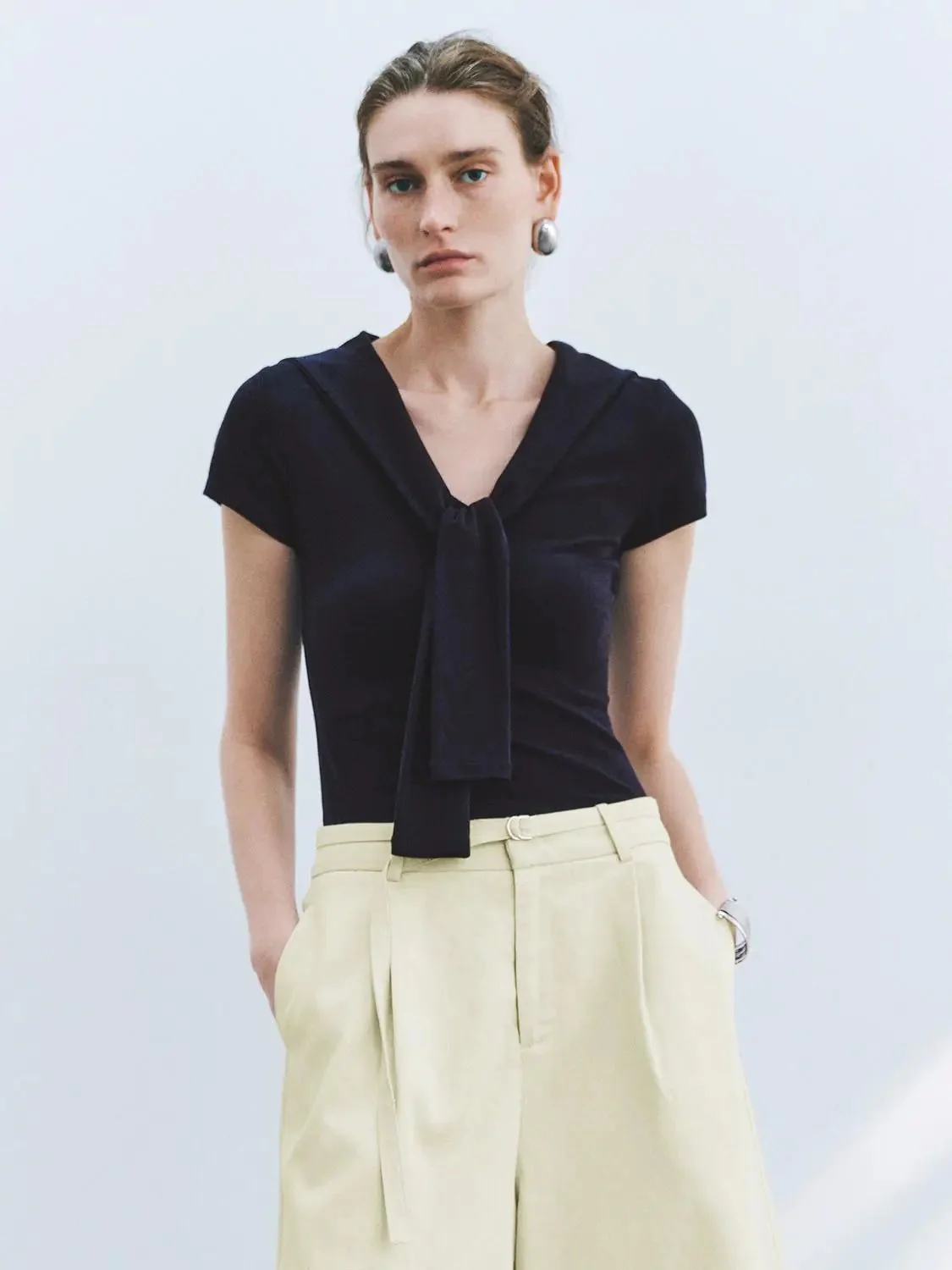 Viscose Cotton Blend Tie Neck Knit T Shirt