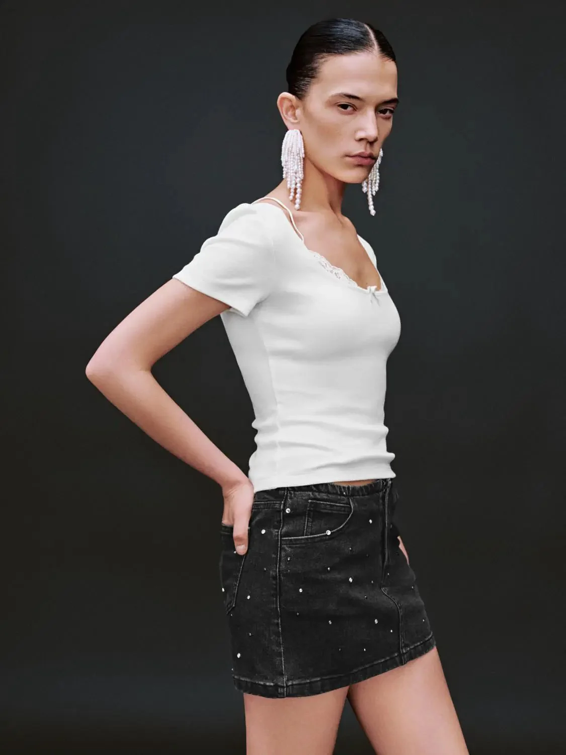 Soft Pure Cotton Lace Trim Knit Top T-Shirts
