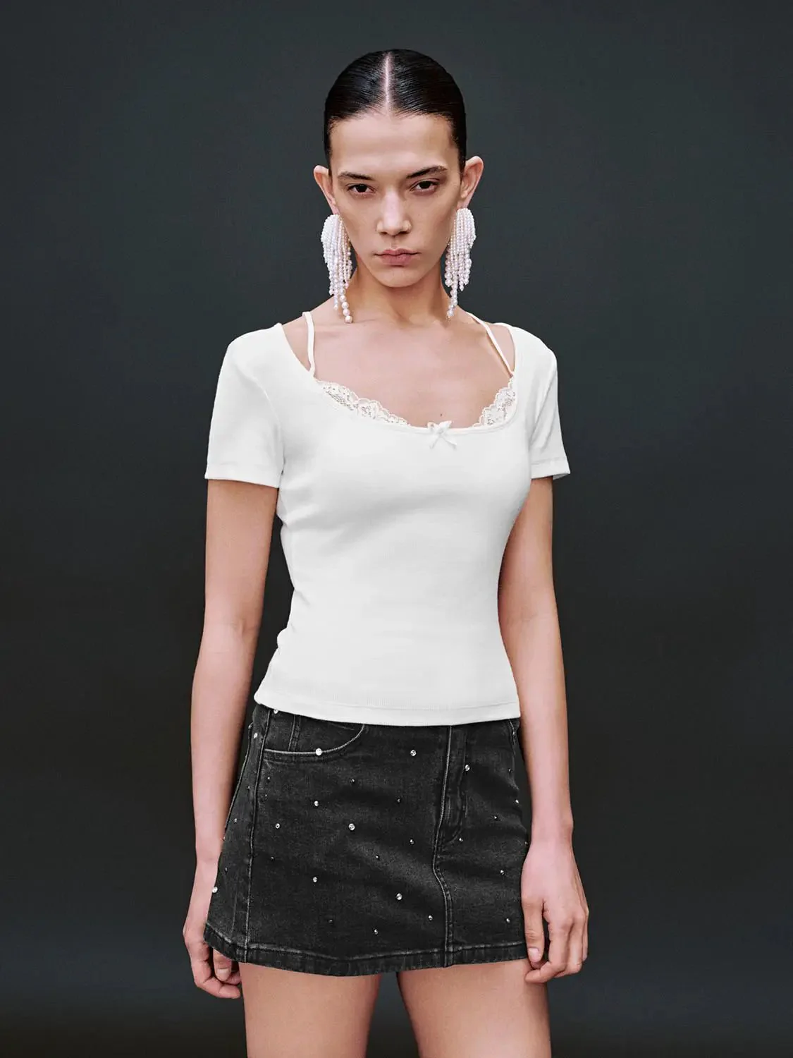 Soft Pure Cotton Lace Trim Knit Top T-Shirts