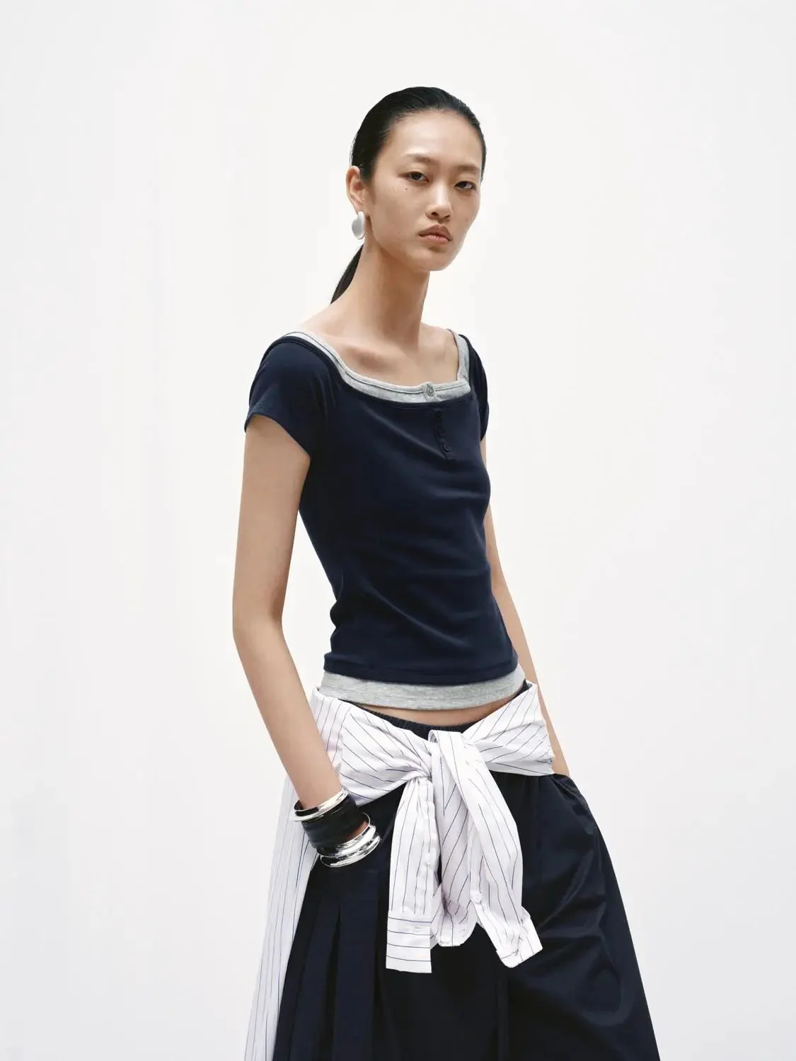 2 In 1 Boat Neck Button Detail Skinny Fit T-Shirts