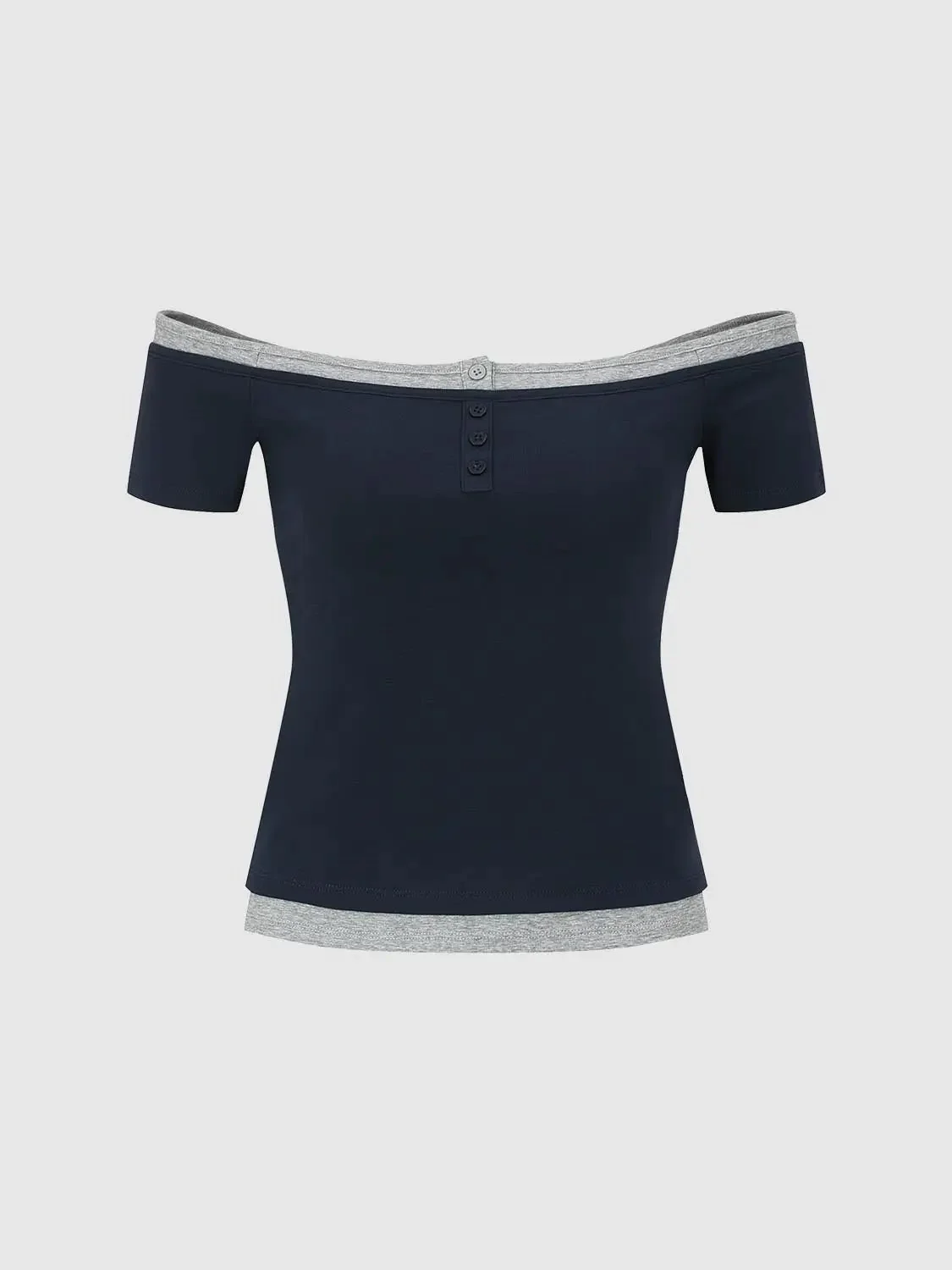 2 In 1 Boat Neck Button Detail Skinny Fit T-Shirts