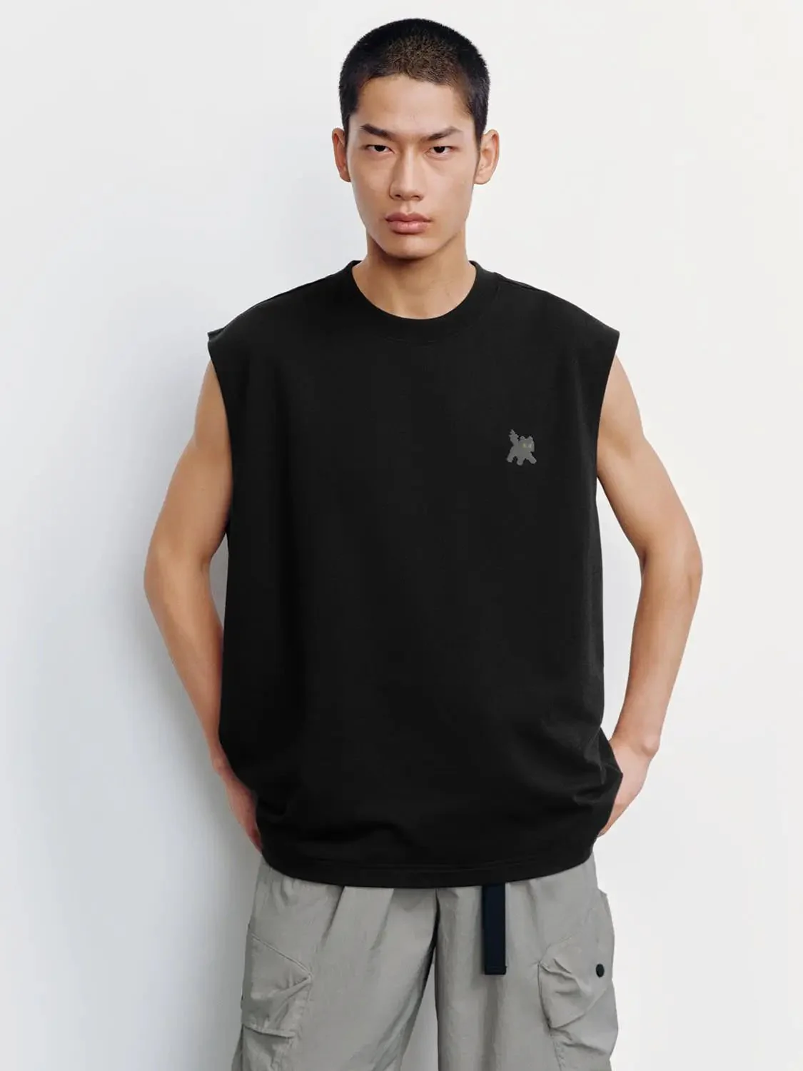 Cotton Black Sleeveless Design With Minimal Logo Tank Tops