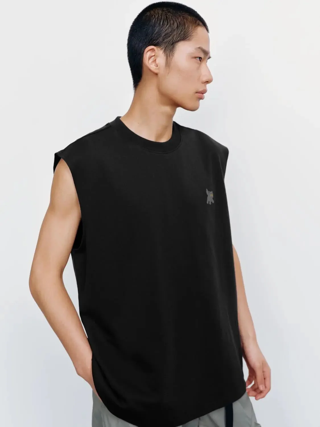 Cotton Black Sleeveless Design With Minimal Logo Tank Tops