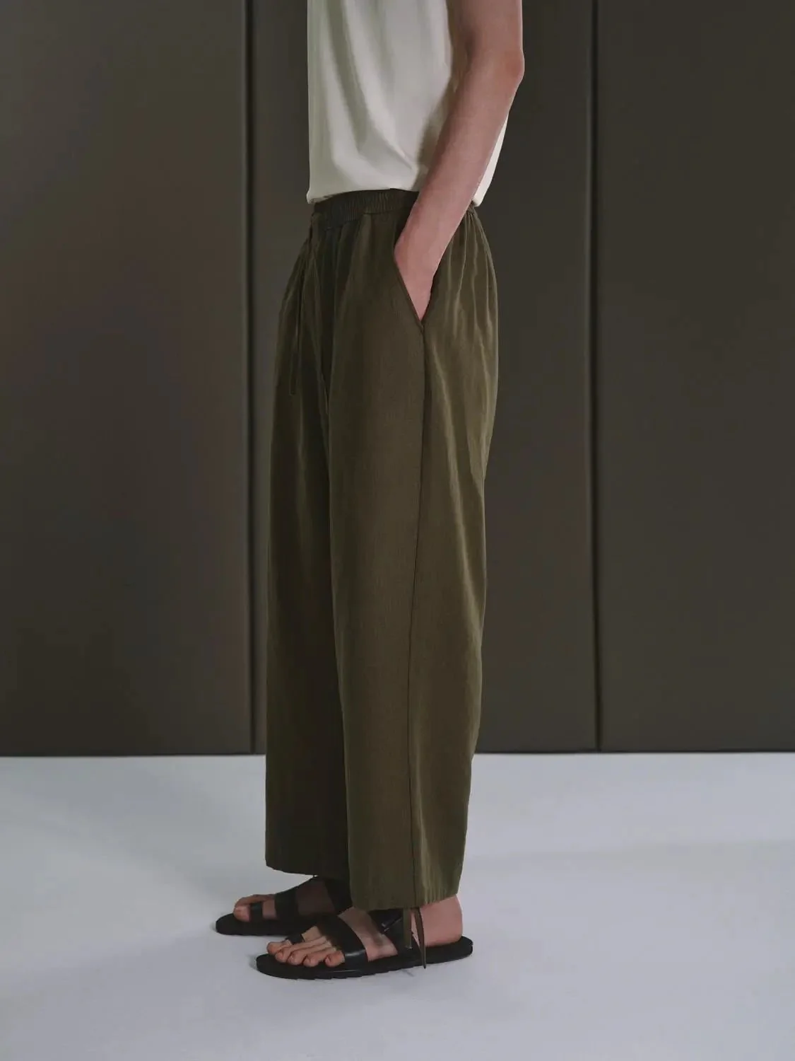 Linen Lyocell Drawstring Comfort Wear Relaxed Fit Wide Leg Pants