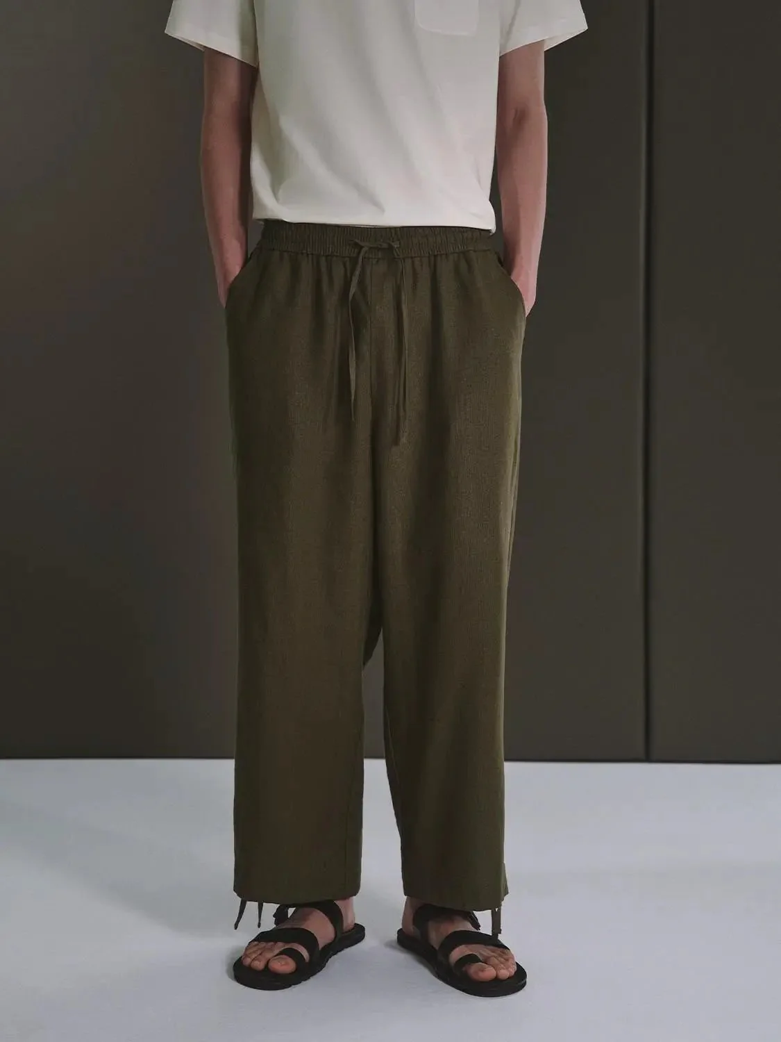 Linen Lyocell Drawstring Comfort Wear Relaxed Fit Wide Leg Pants
